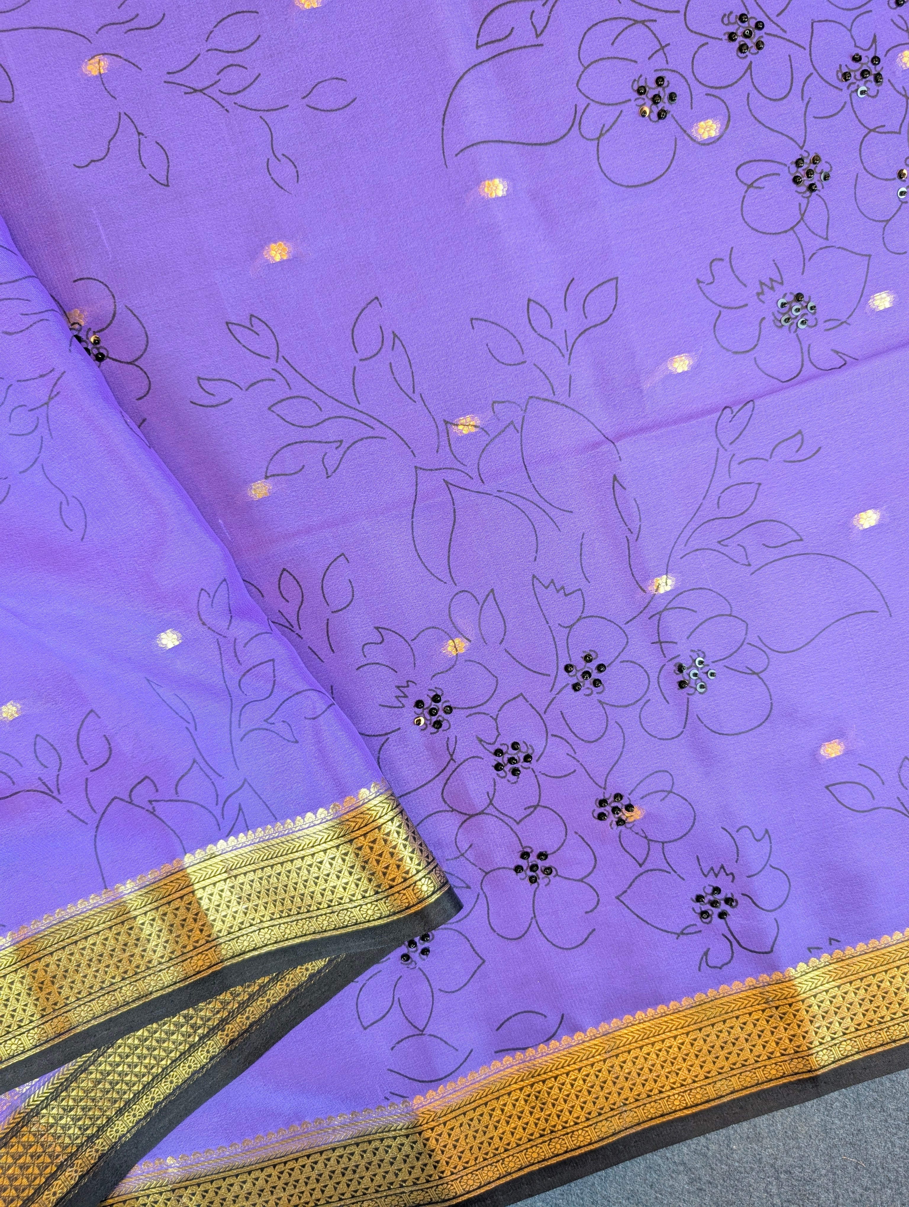 Pure Mysore Silk Crepe - Graceful Purple Floral Saree