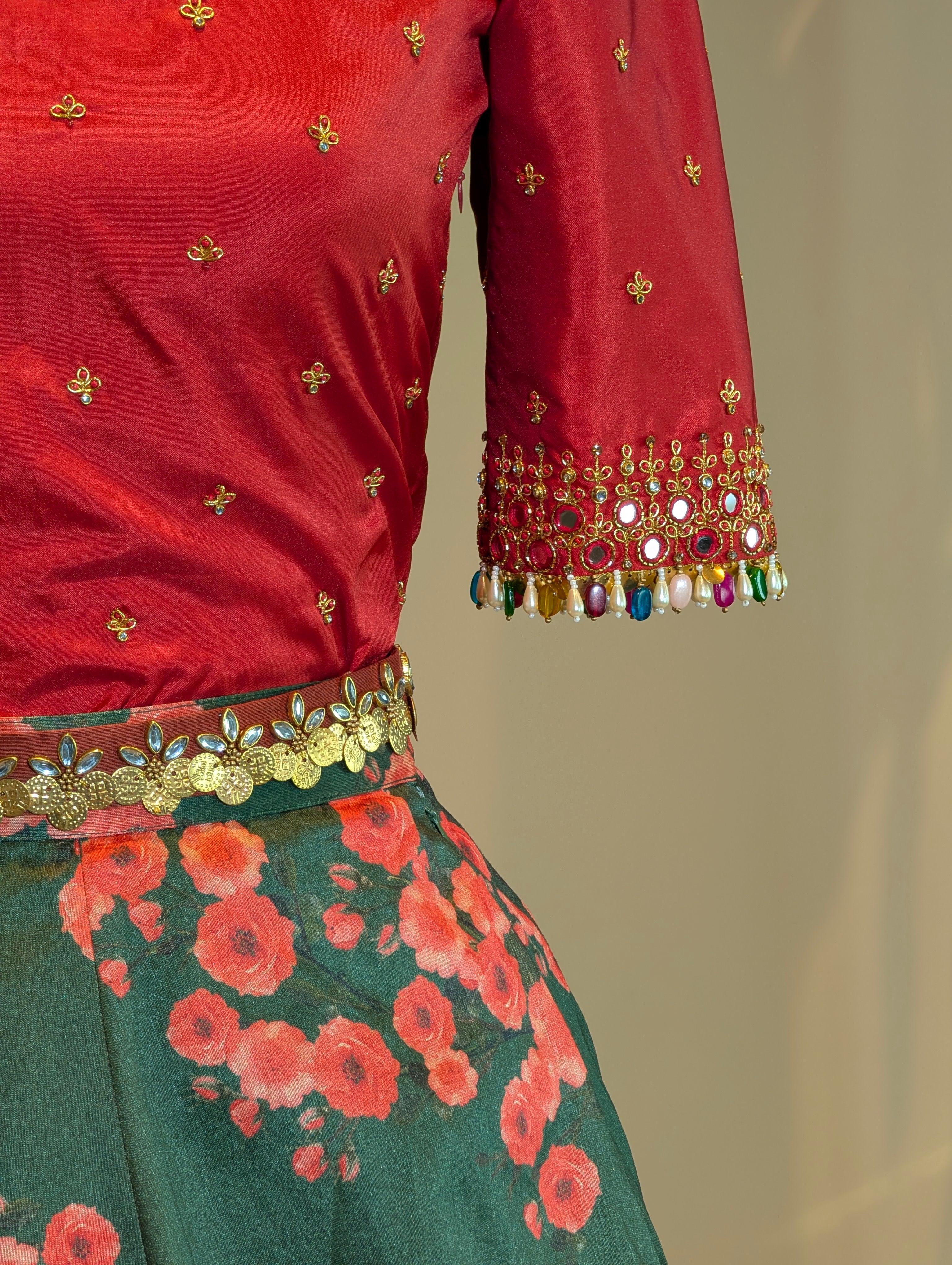 Floral Charm Green & Red Lehenga