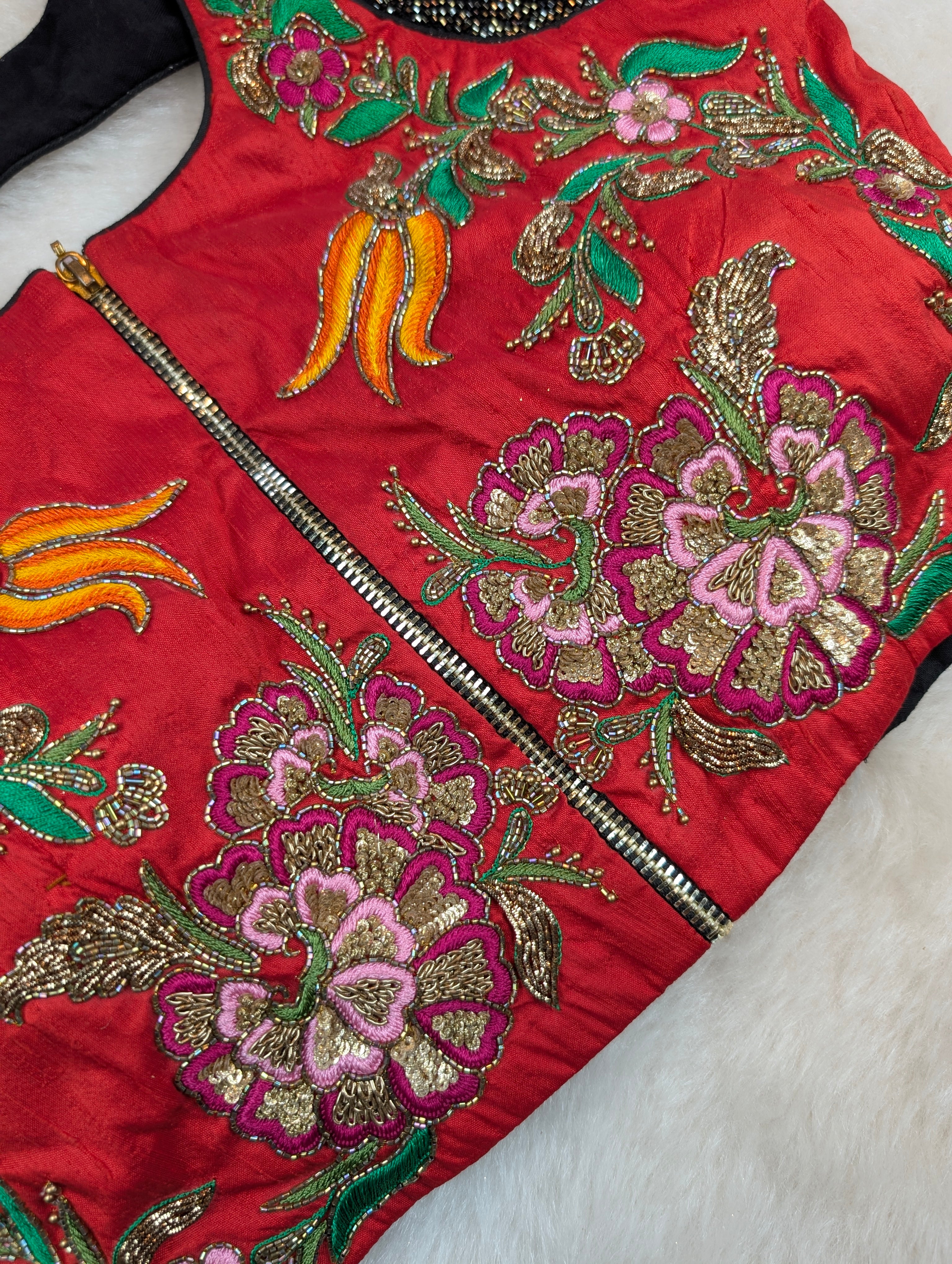 Red Multicolor Embroidered Sleeveless Blouse