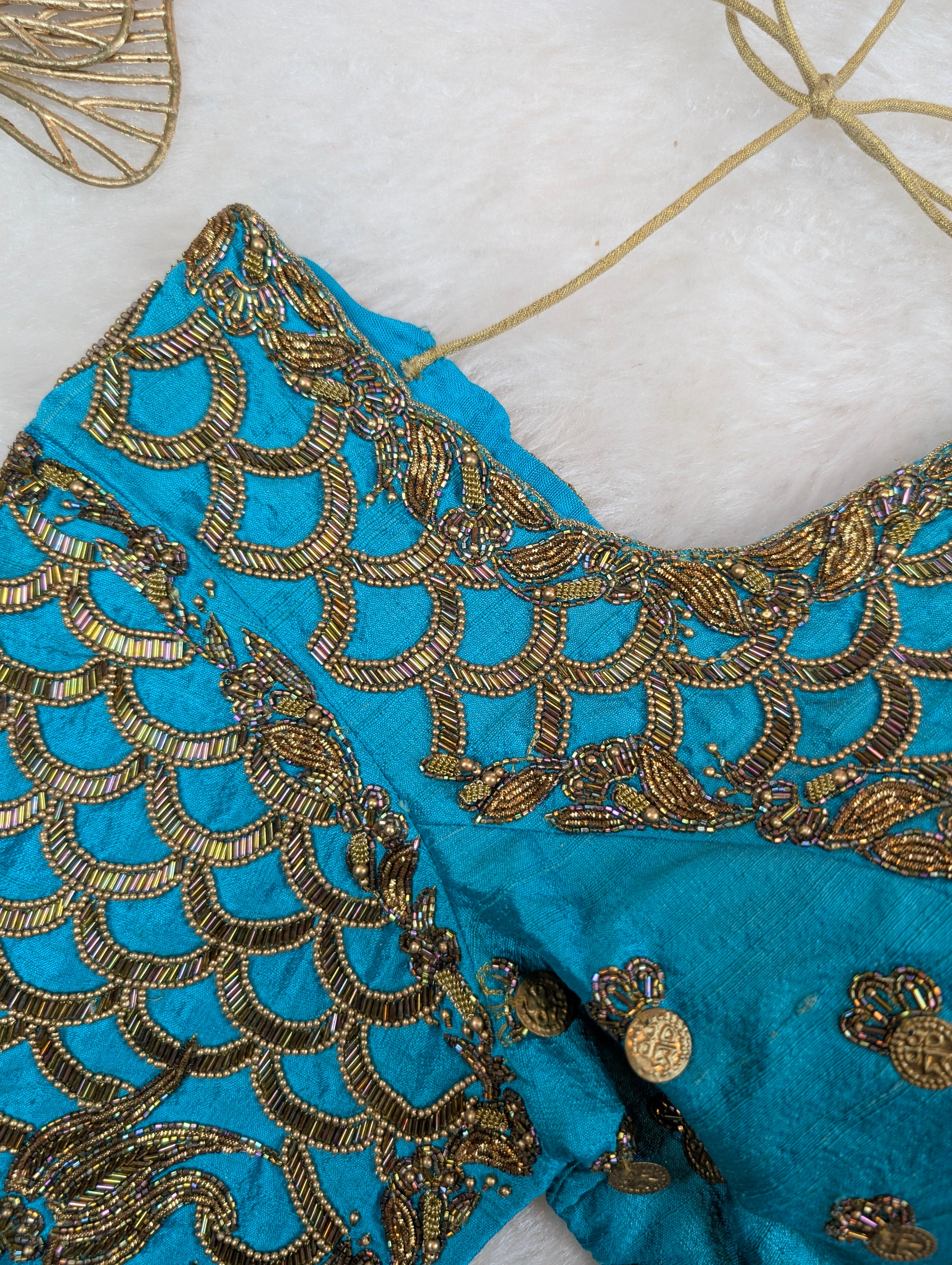 Turquoise Blue Blouse with Antique Zardosi and Coin Embroidery