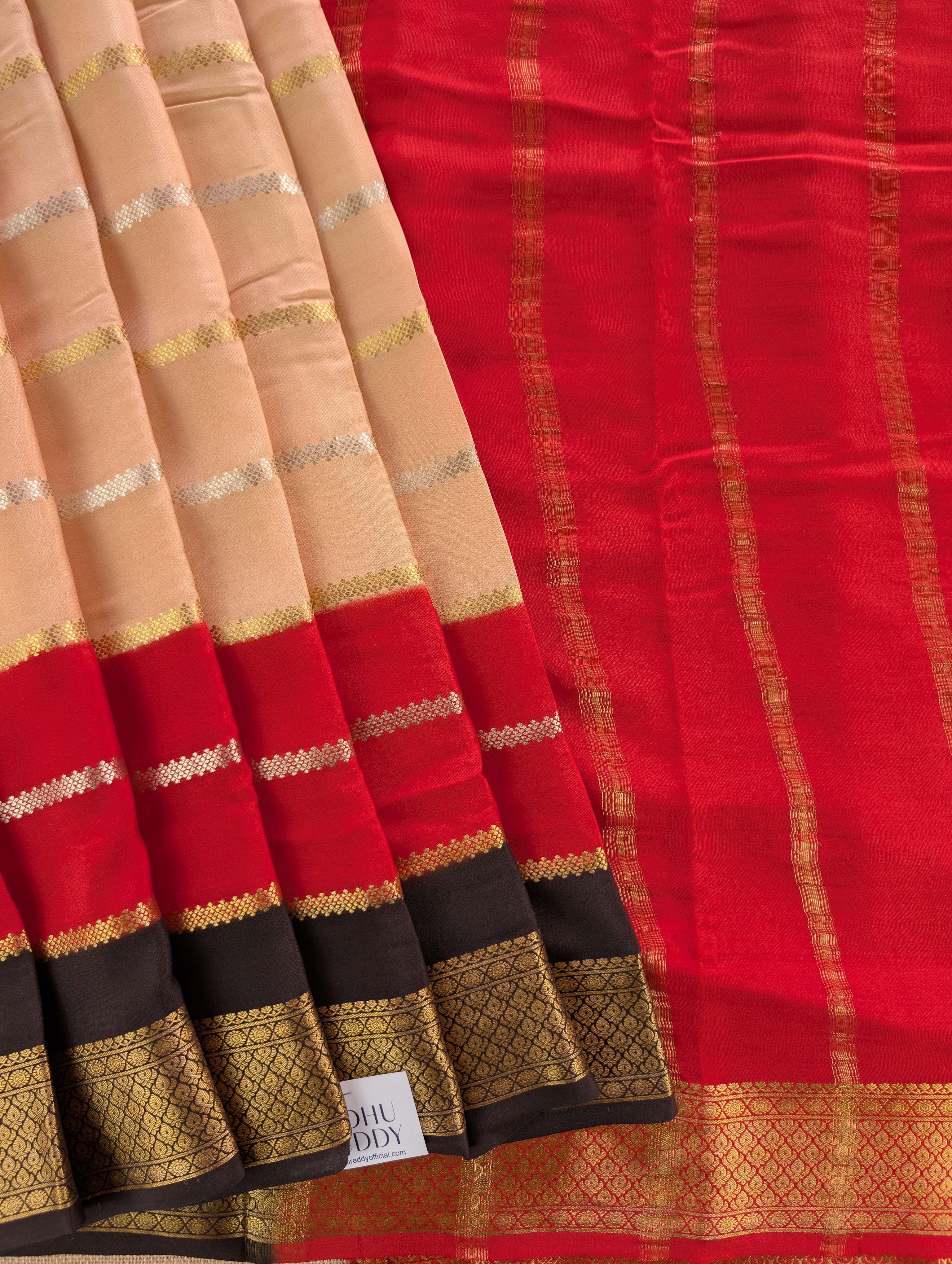 Pure Mysore Silk Crepe - Light Brown with Red & Black 3D Pattern