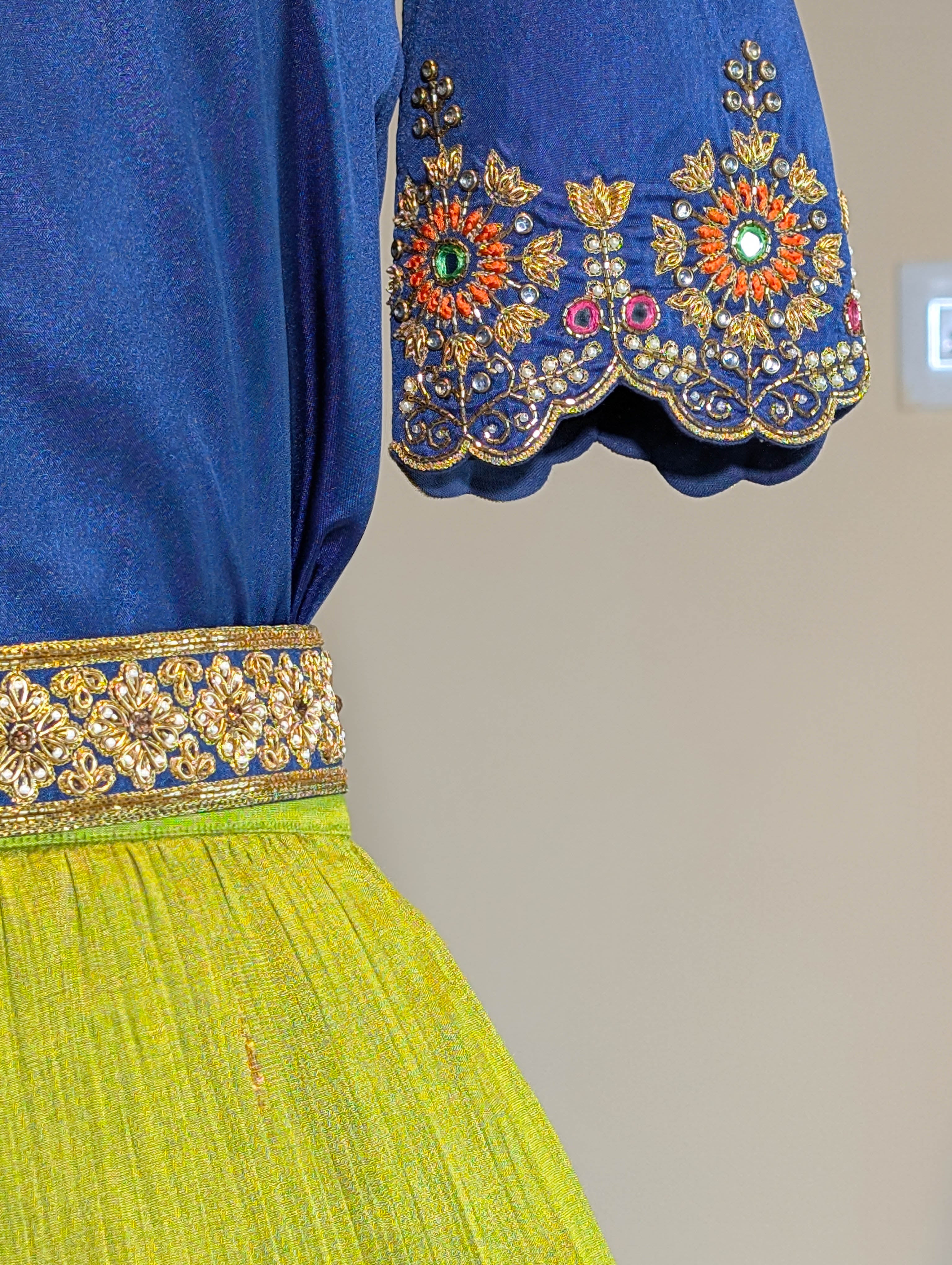 Regal Blue & Lime Green Silk Lehenga
