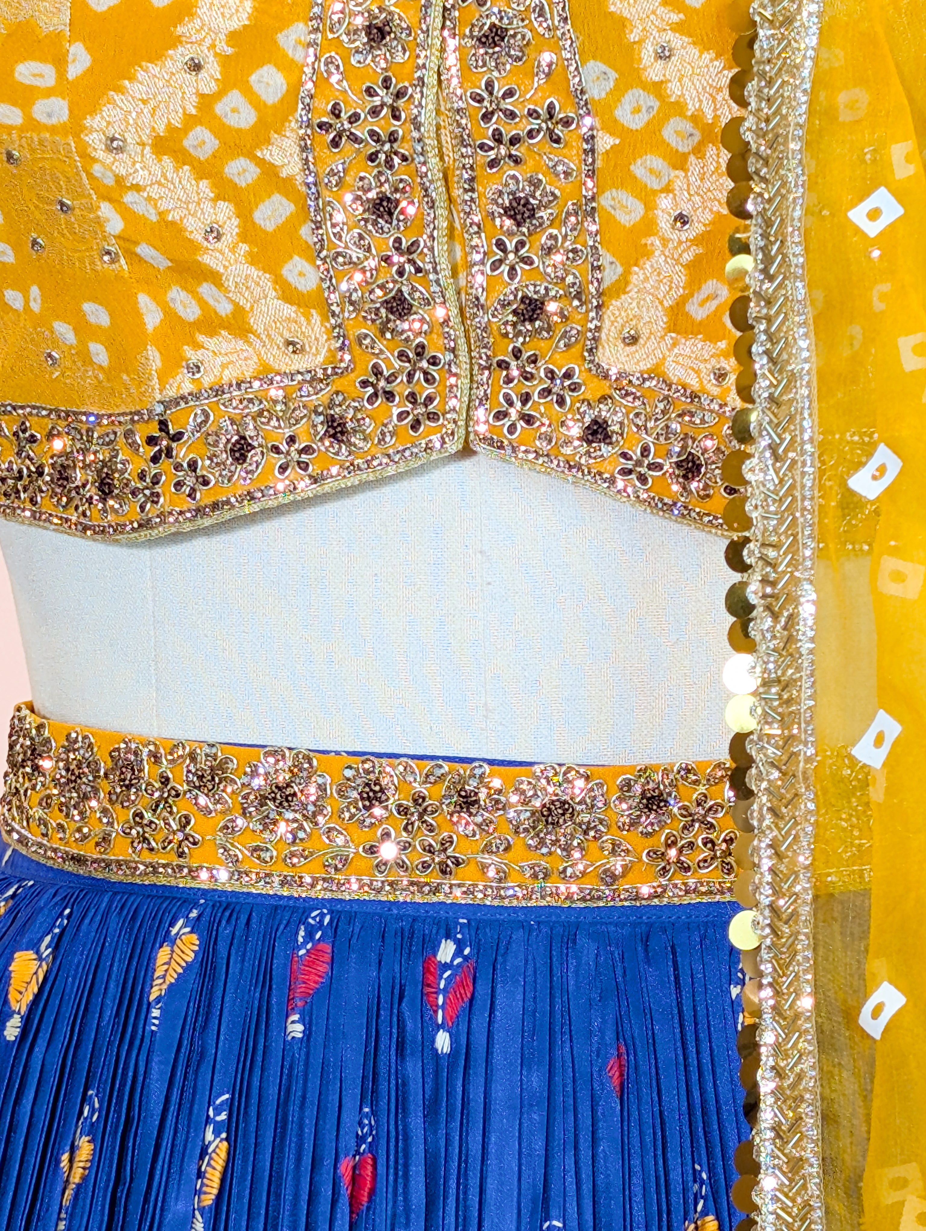 Yellow Bandhani Blouse & Kantha Embroidered Lehenga Set