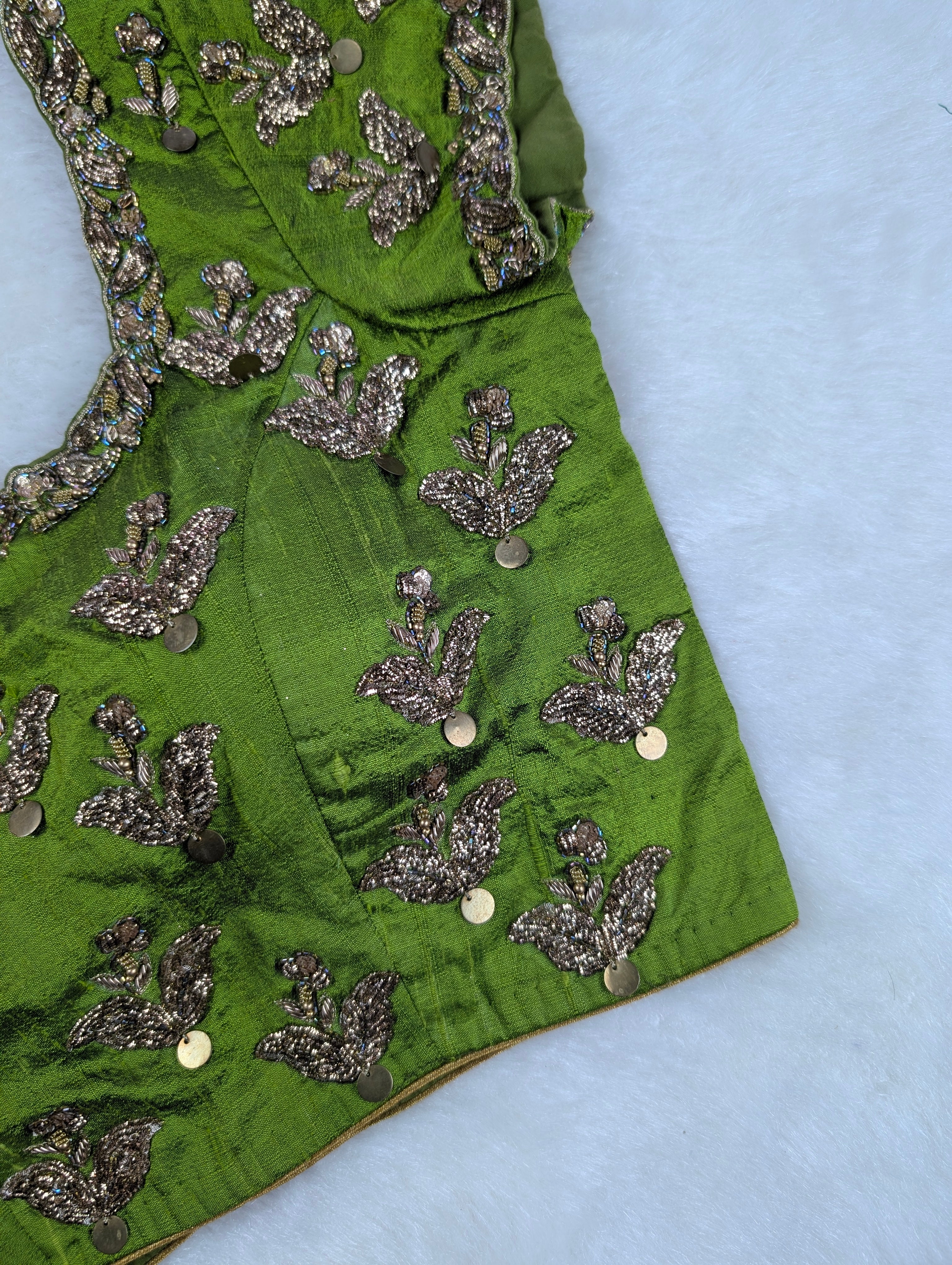 Green Silk Blouse with Zardozi Embroidery