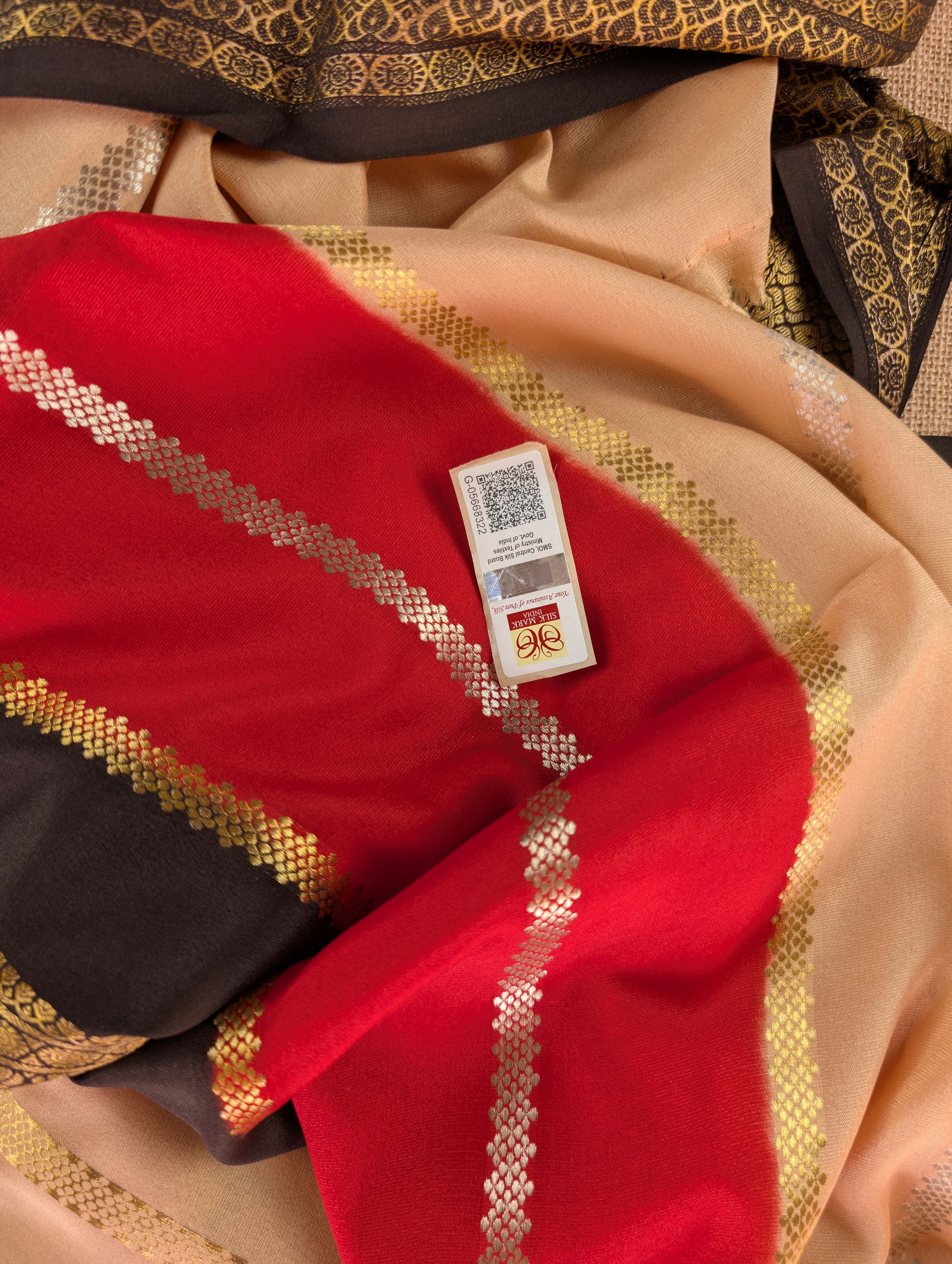 Pure Mysore Silk Crepe - Light Brown with Red & Black 3D Pattern