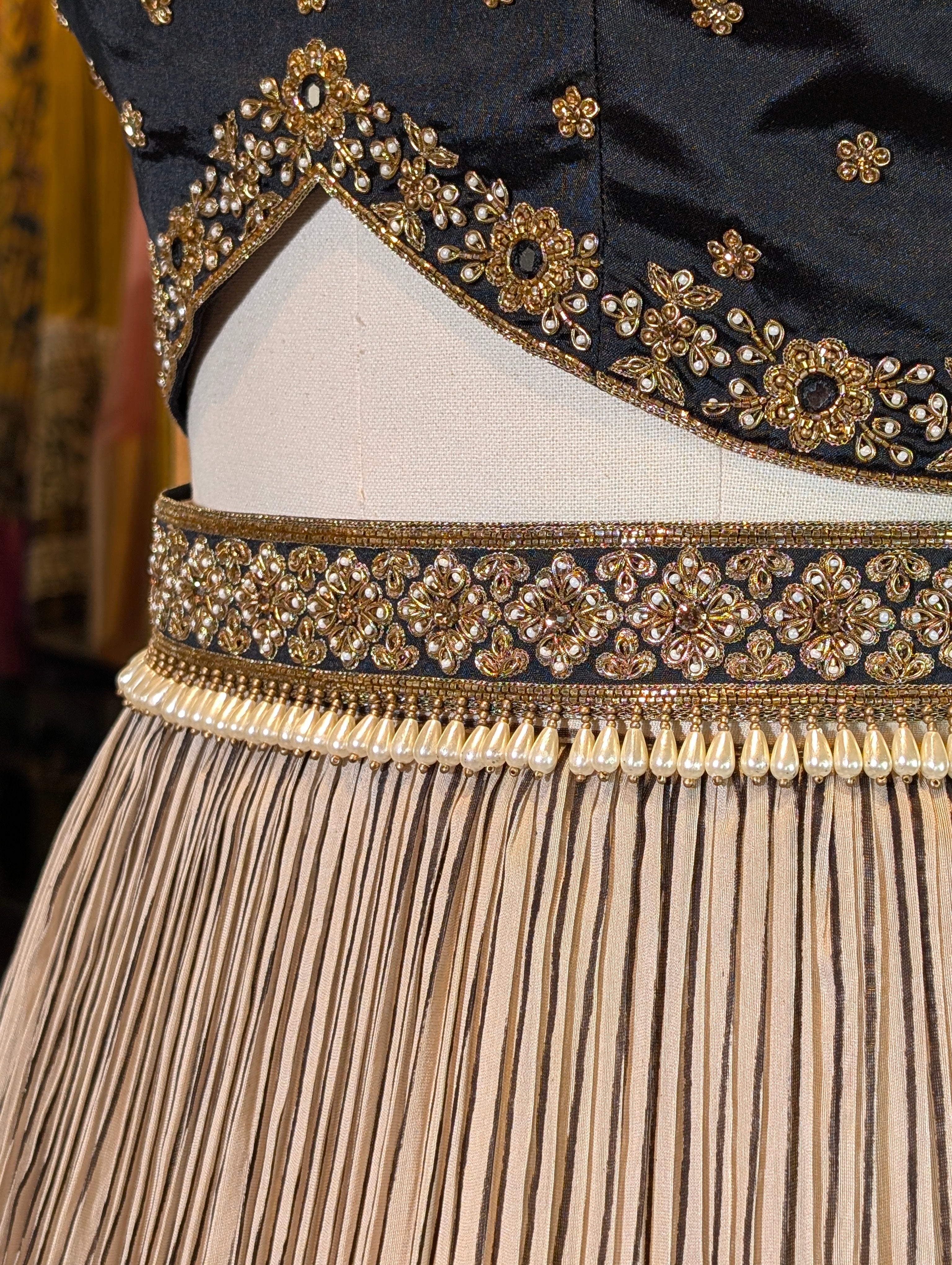 Beige Skirt with Black Leaf Motif Border