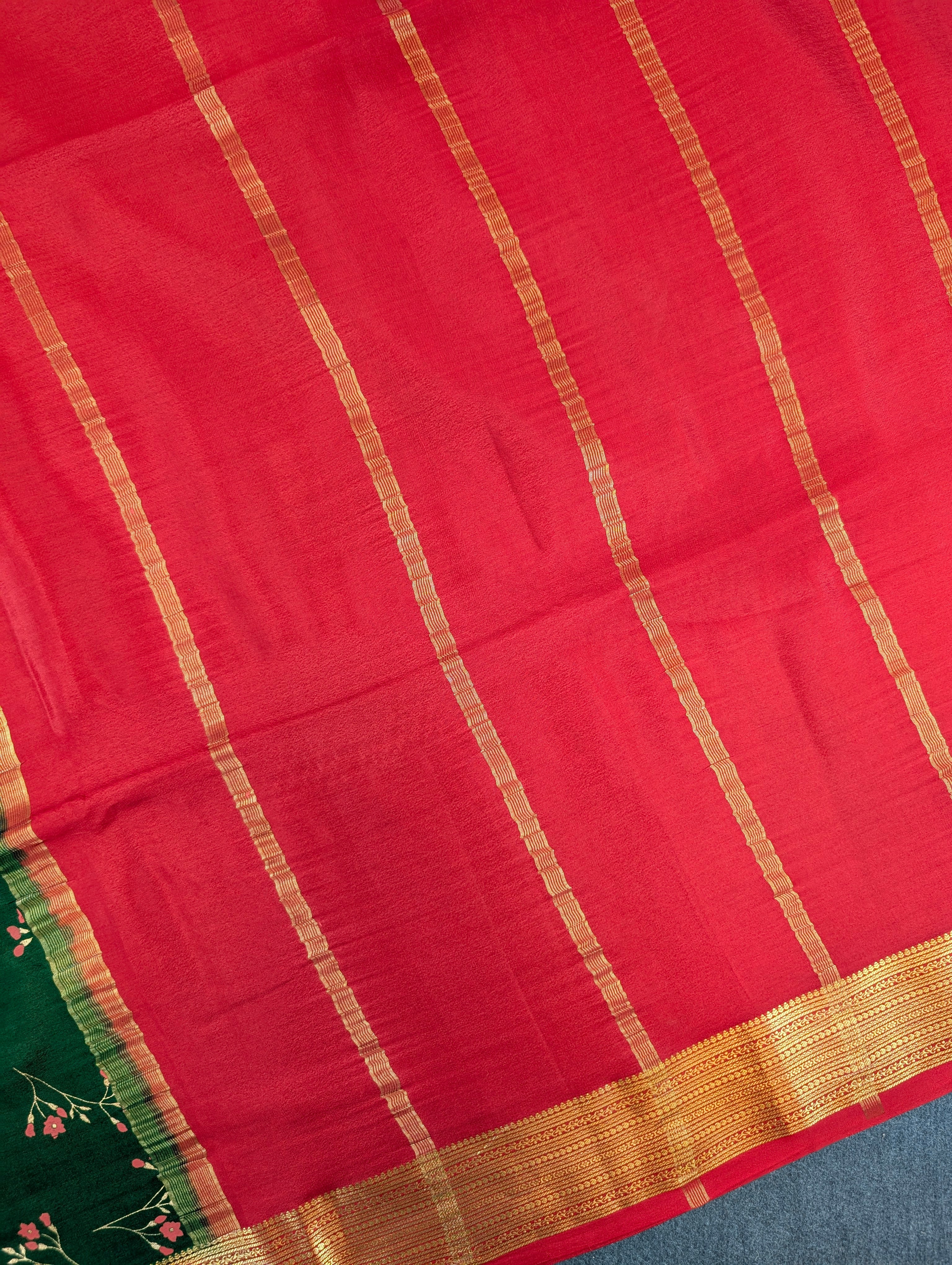 Pure Mysore Silk Crepe - Green with Red