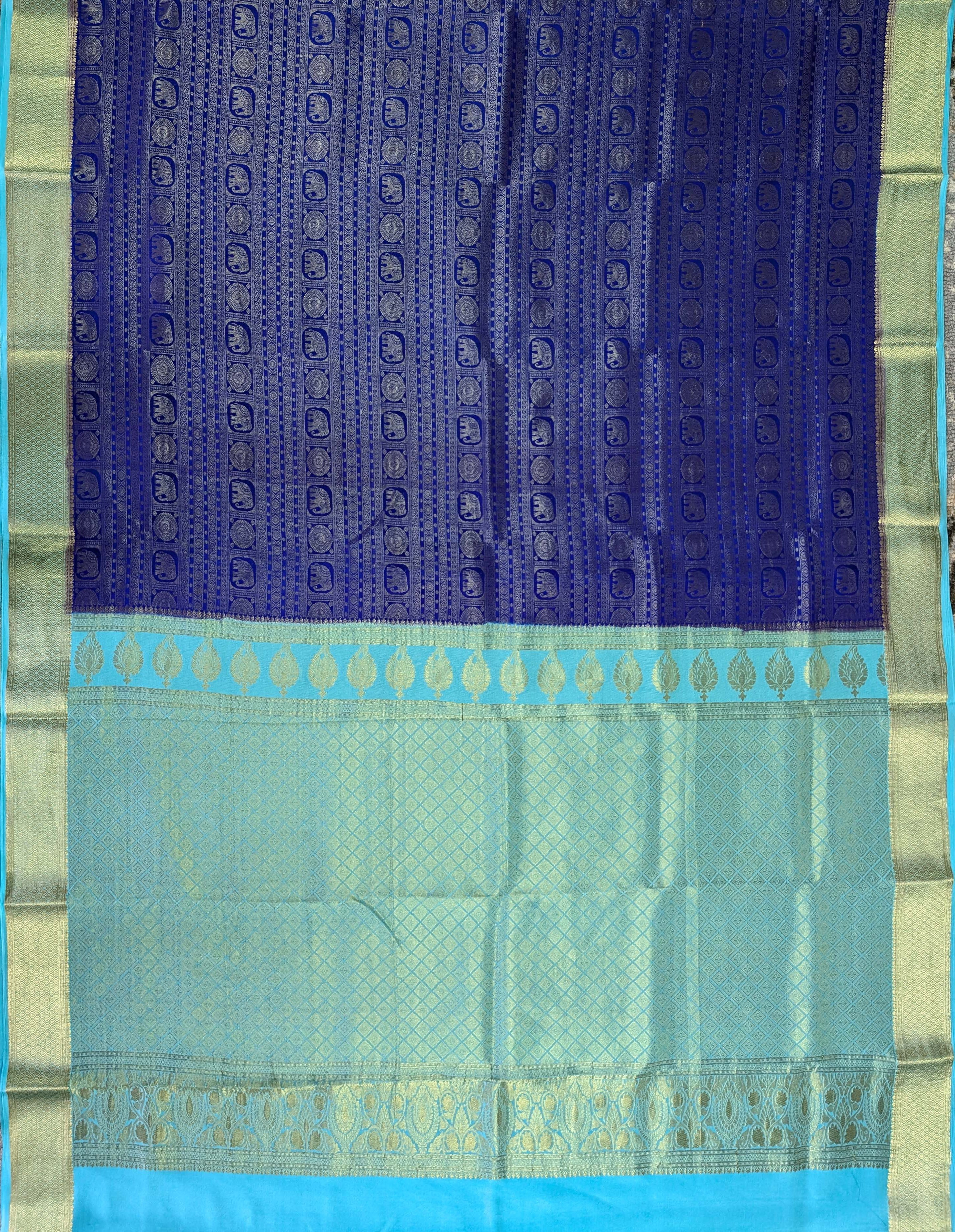 Pure Mysore Silk Crepe Brocade - Blue & Turquoise Blue