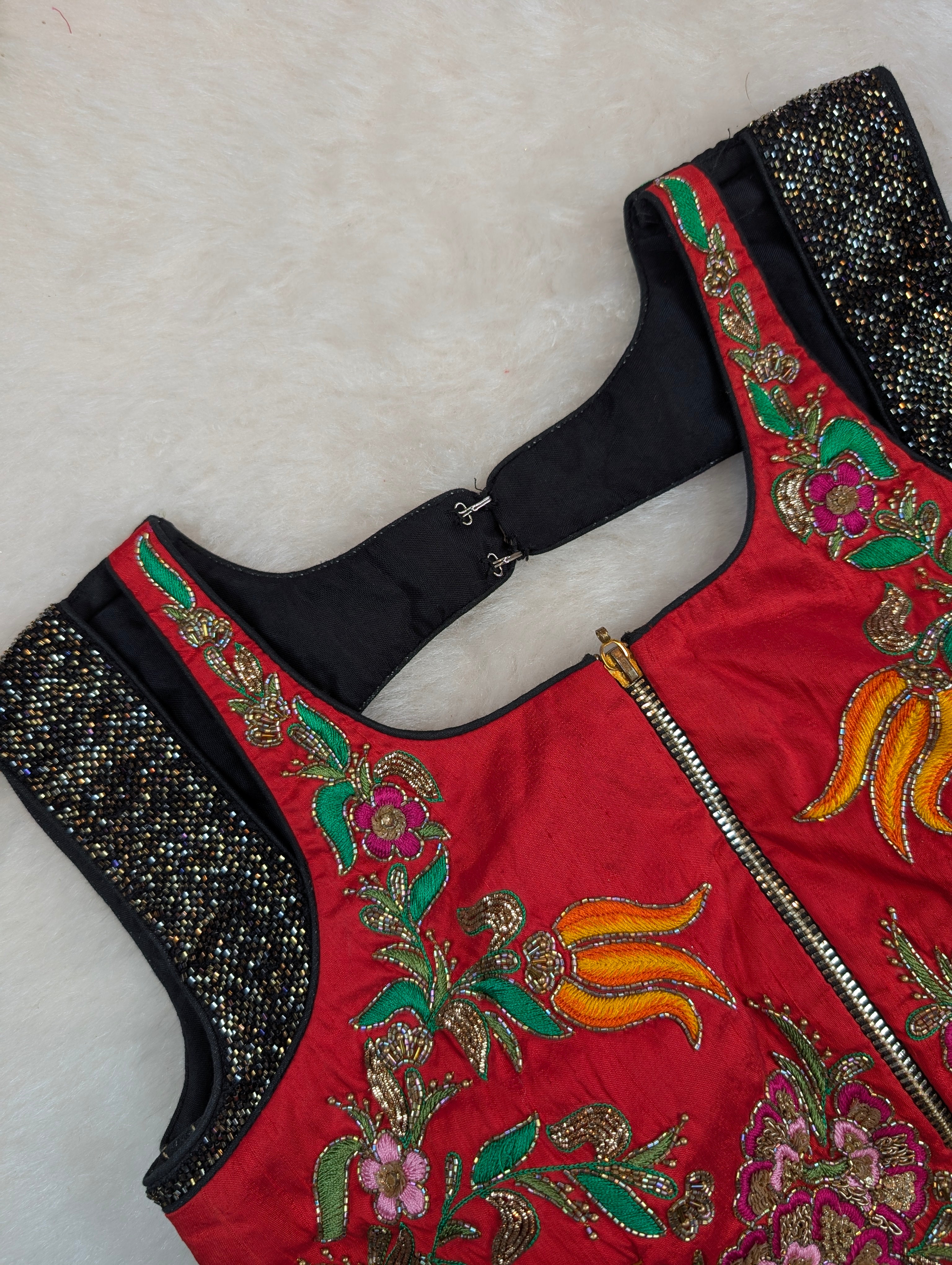 Red Multicolor Embroidered Sleeveless Blouse