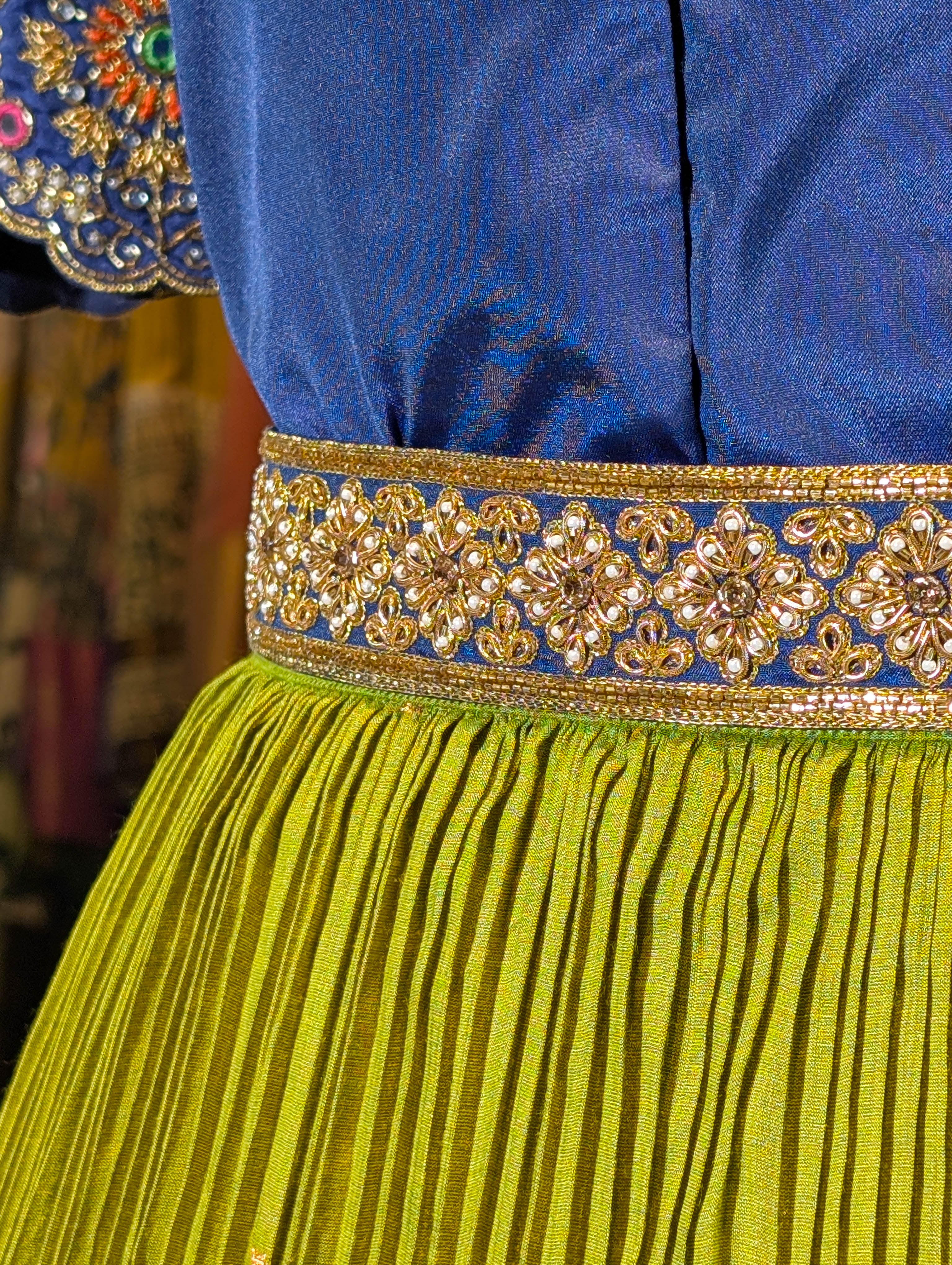 Regal Blue & Lime Green Silk Lehenga