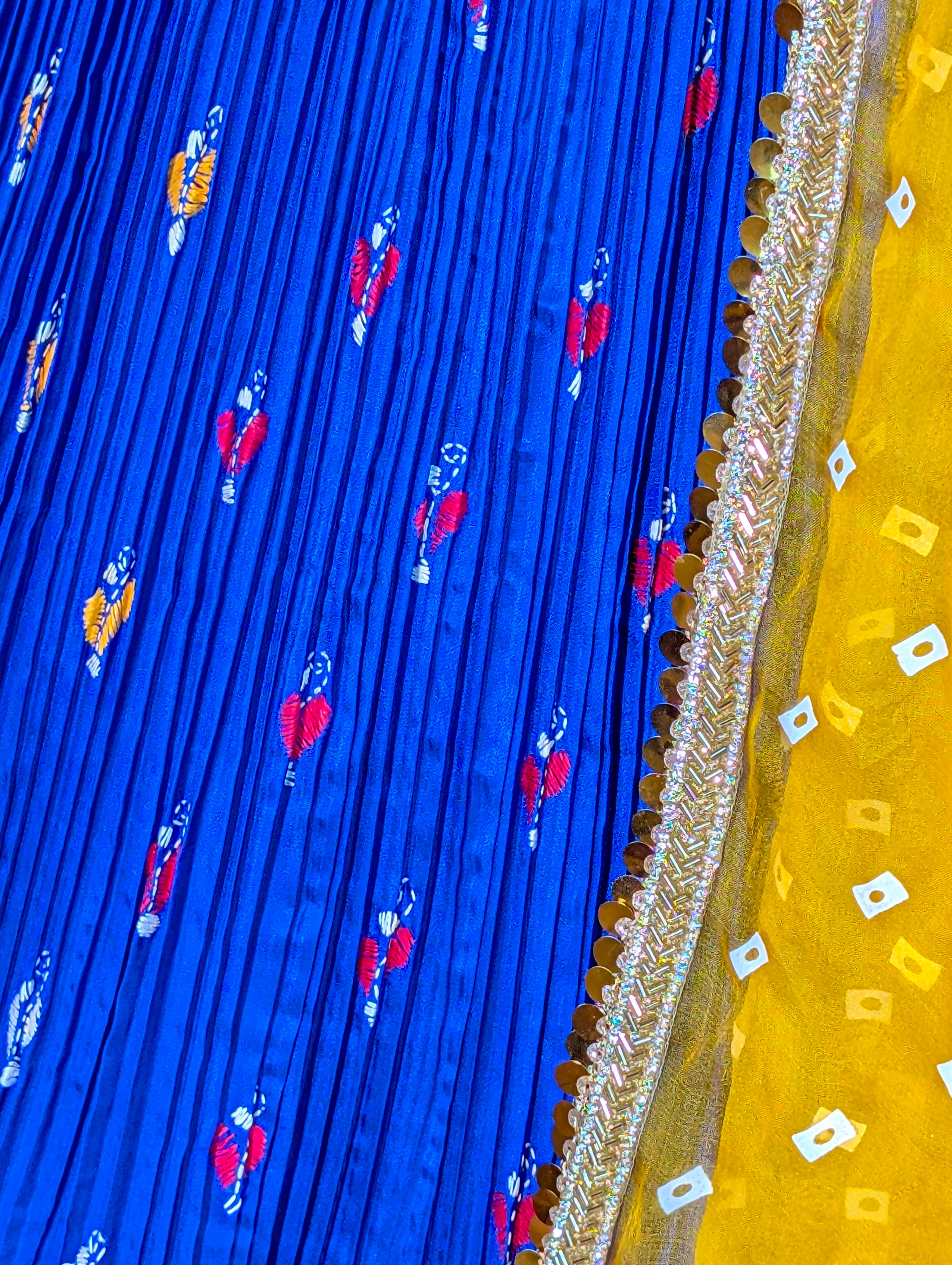 Yellow Bandhani Blouse & Kantha Embroidered Lehenga Set