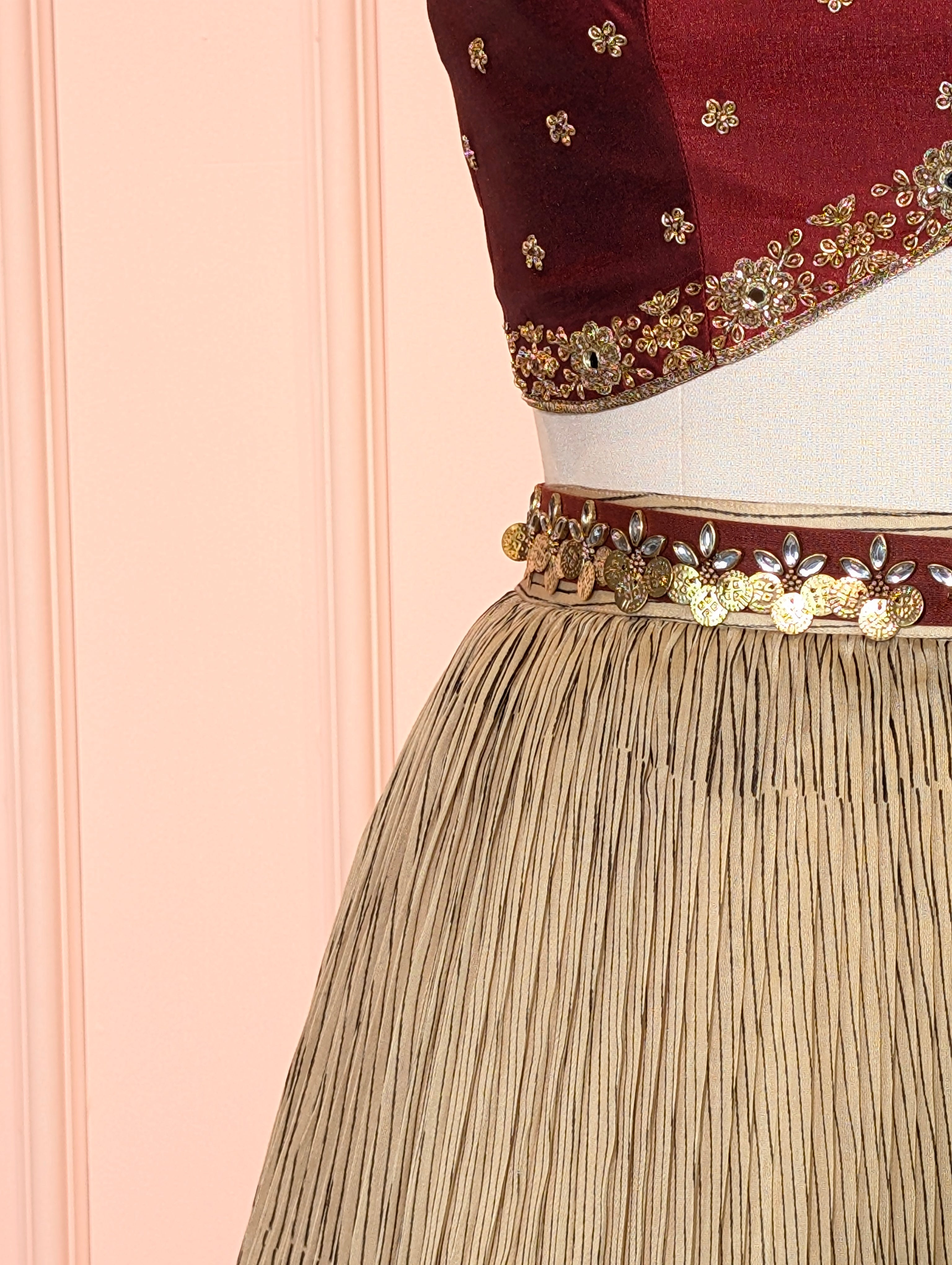 Maroon & Beige Embroidered Crop Top Skirt