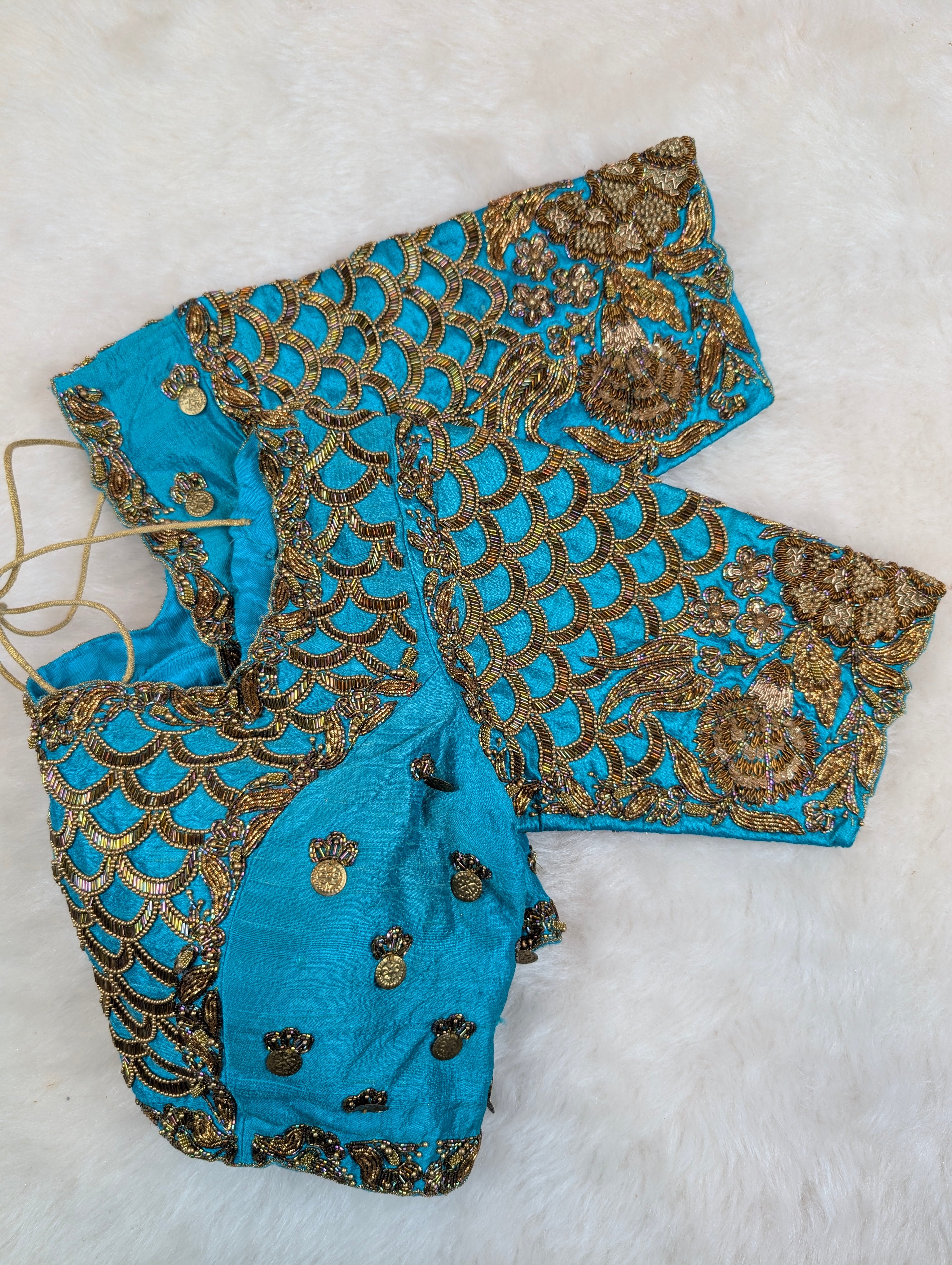 Turquoise Blue Blouse with Antique Zardosi and Coin Embroidery