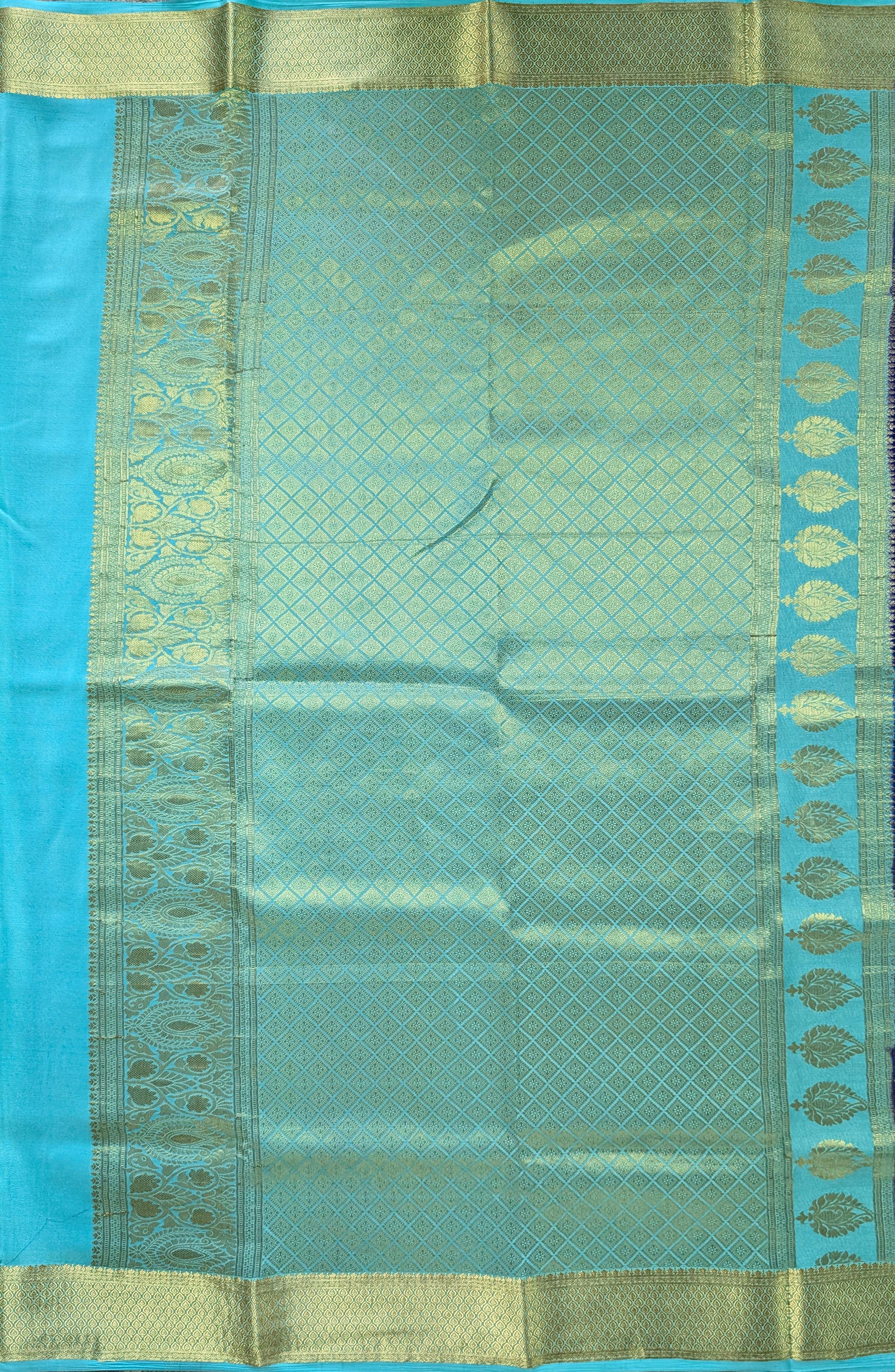 Pure Mysore Silk Crepe Brocade - Blue & Turquoise Blue