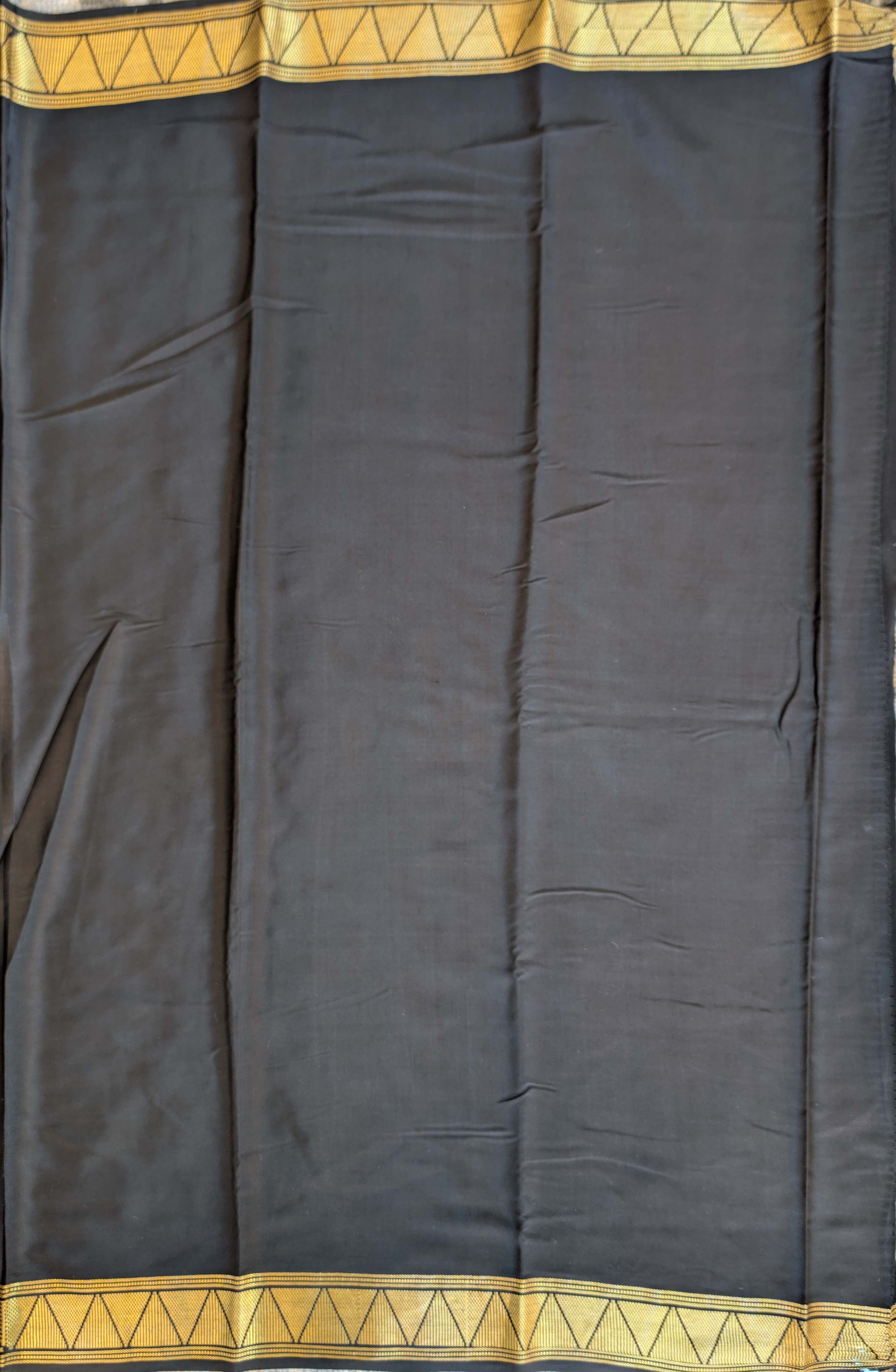 Pure Mysore Silk Crepe - Black with Orange Half & Half Pattern