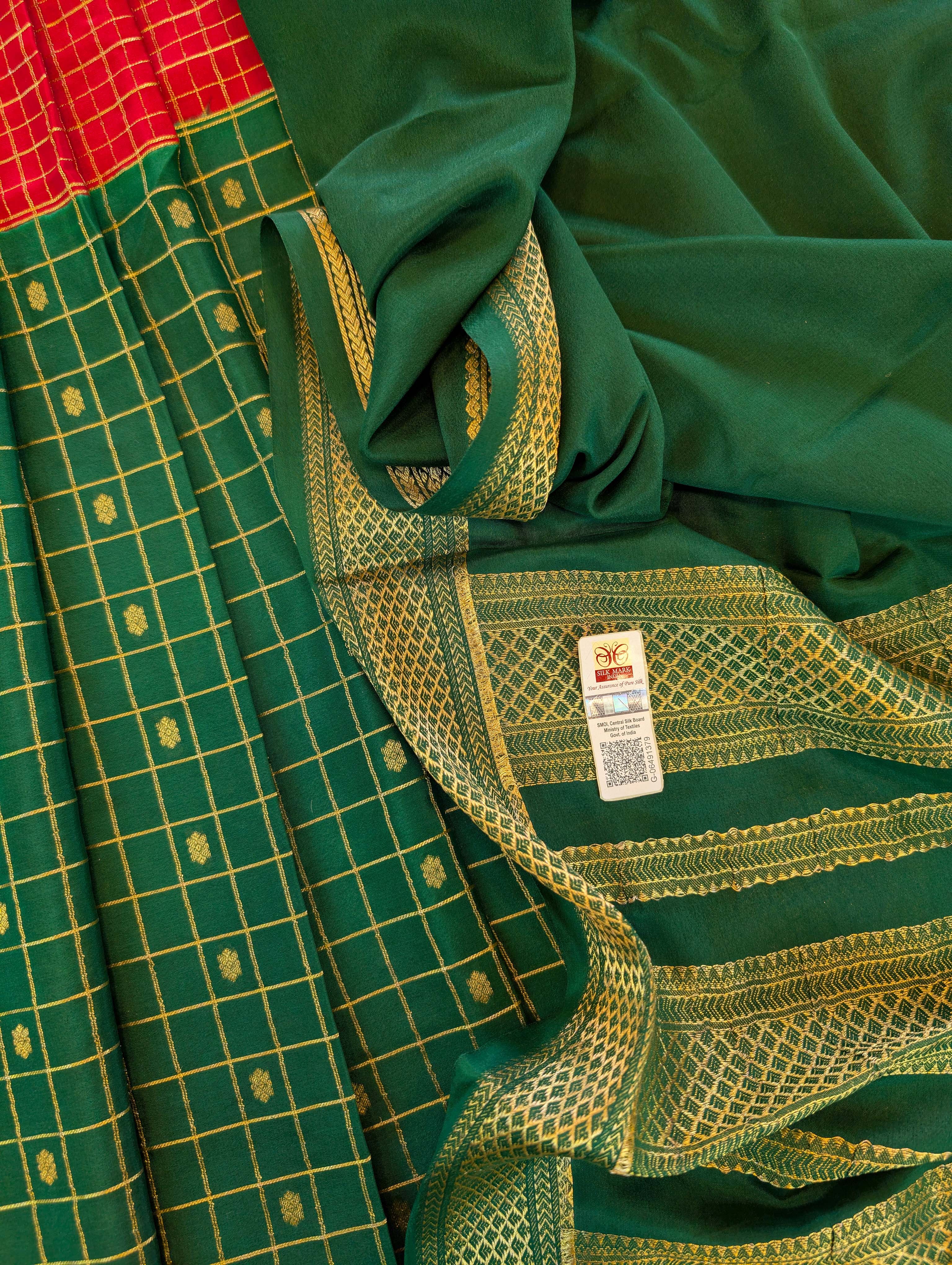 Pure Mysore Silk Crepe - Red with Green Half & Half Pattern