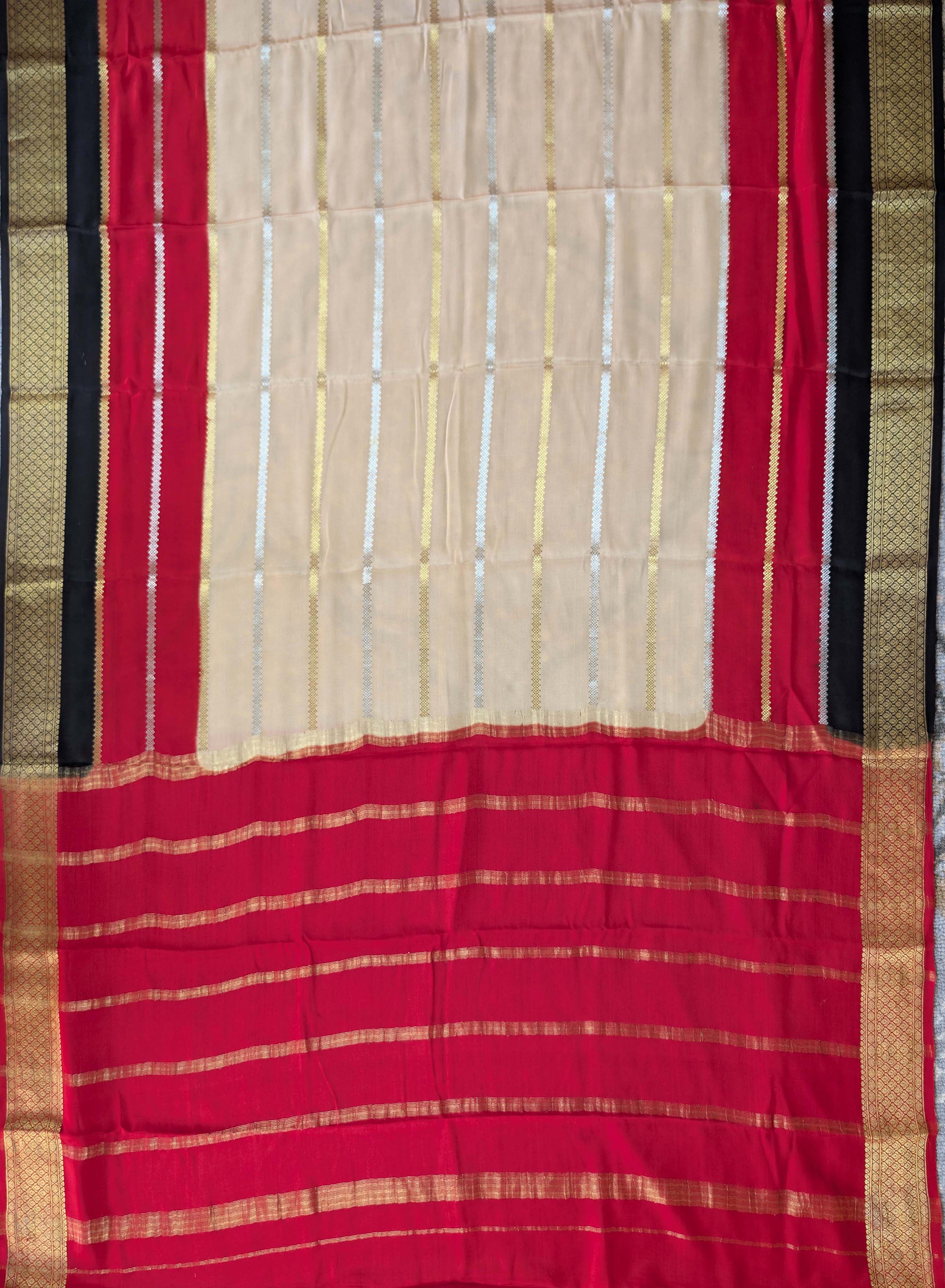 Pure Mysore Silk Crepe - Light Brown with Red & Black 3D Pattern