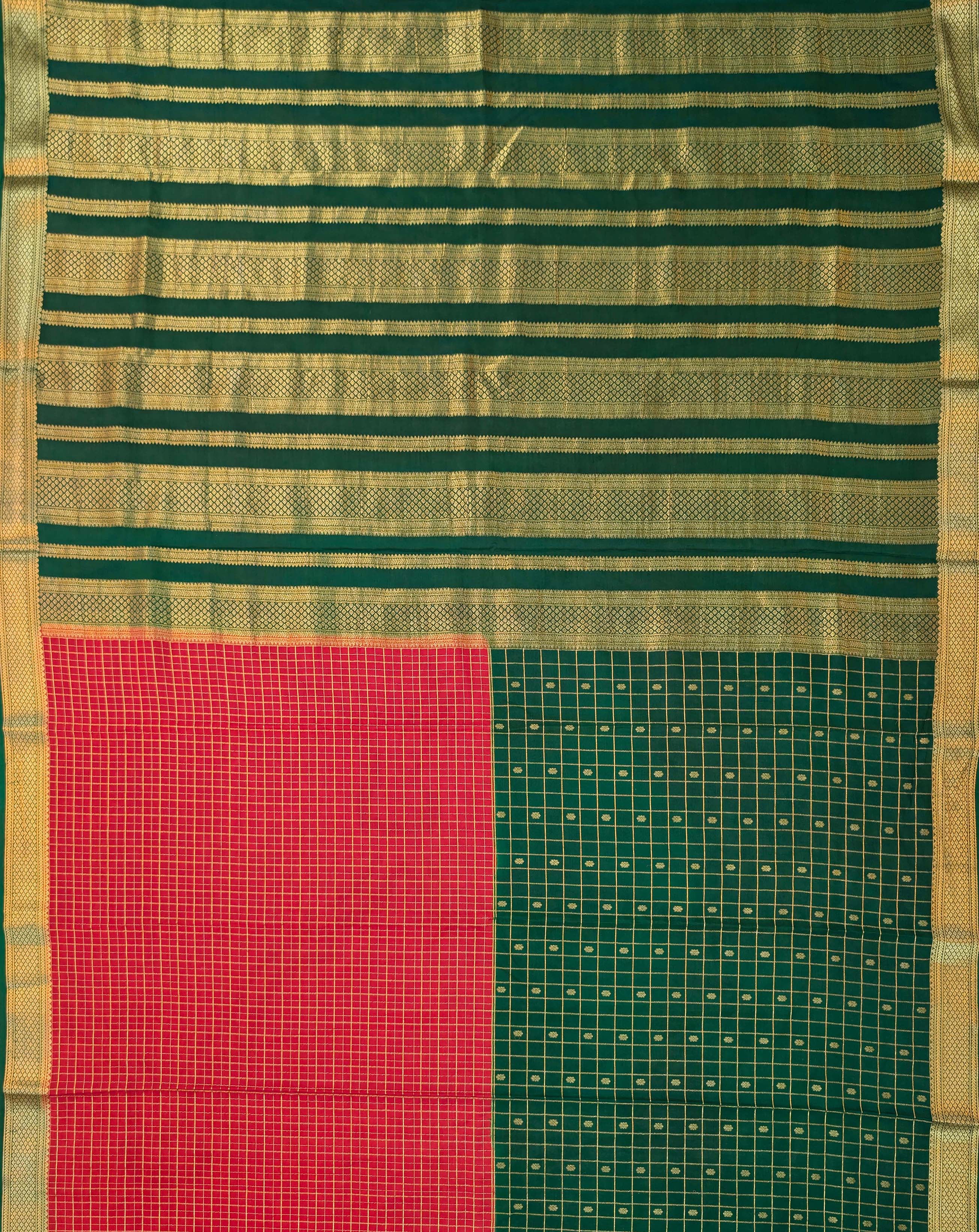 Pure Mysore Silk Crepe - Red with Green Half & Half Pattern