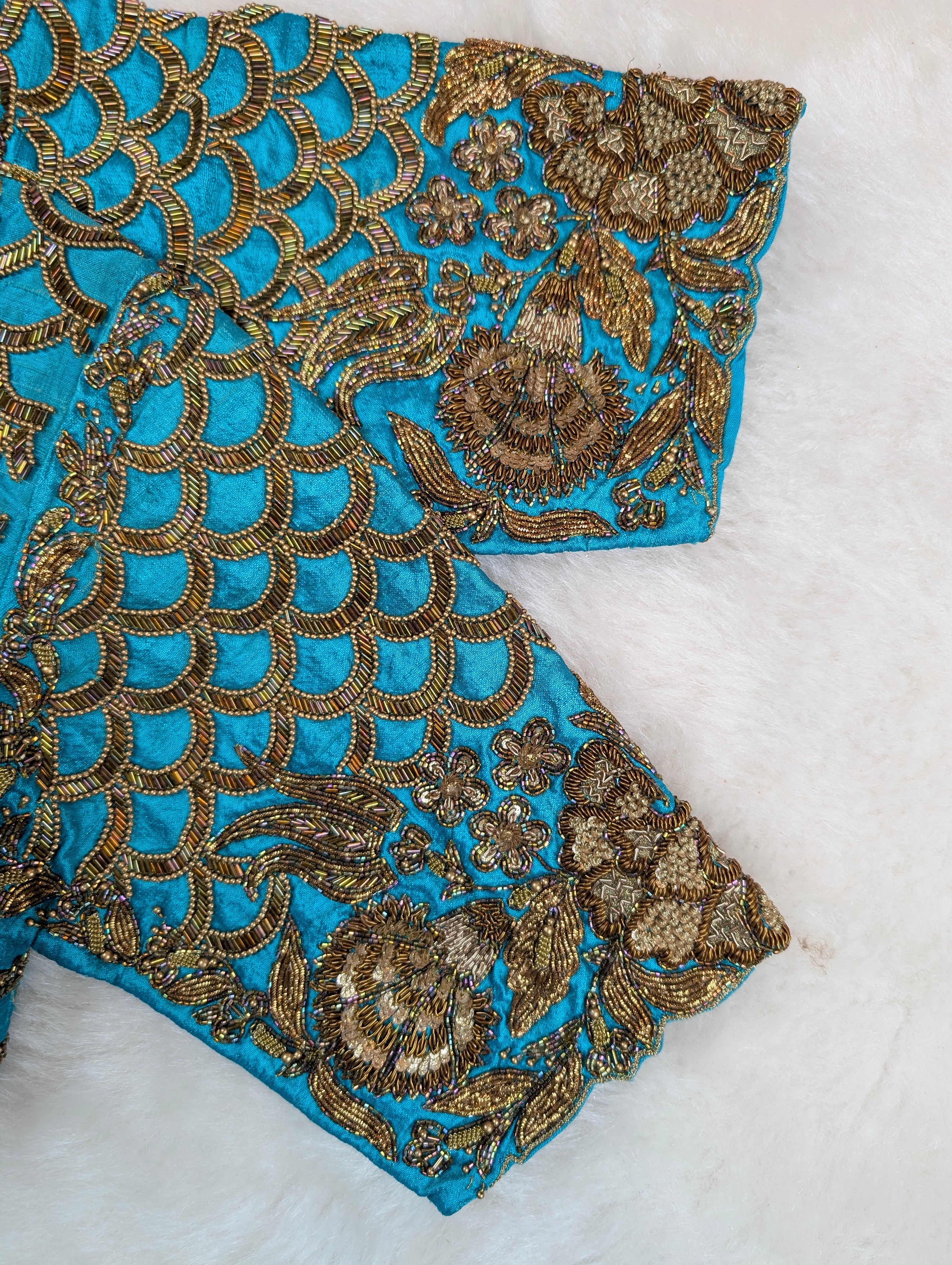 Turquoise Blue Blouse with Antique Zardosi and Coin Embroidery