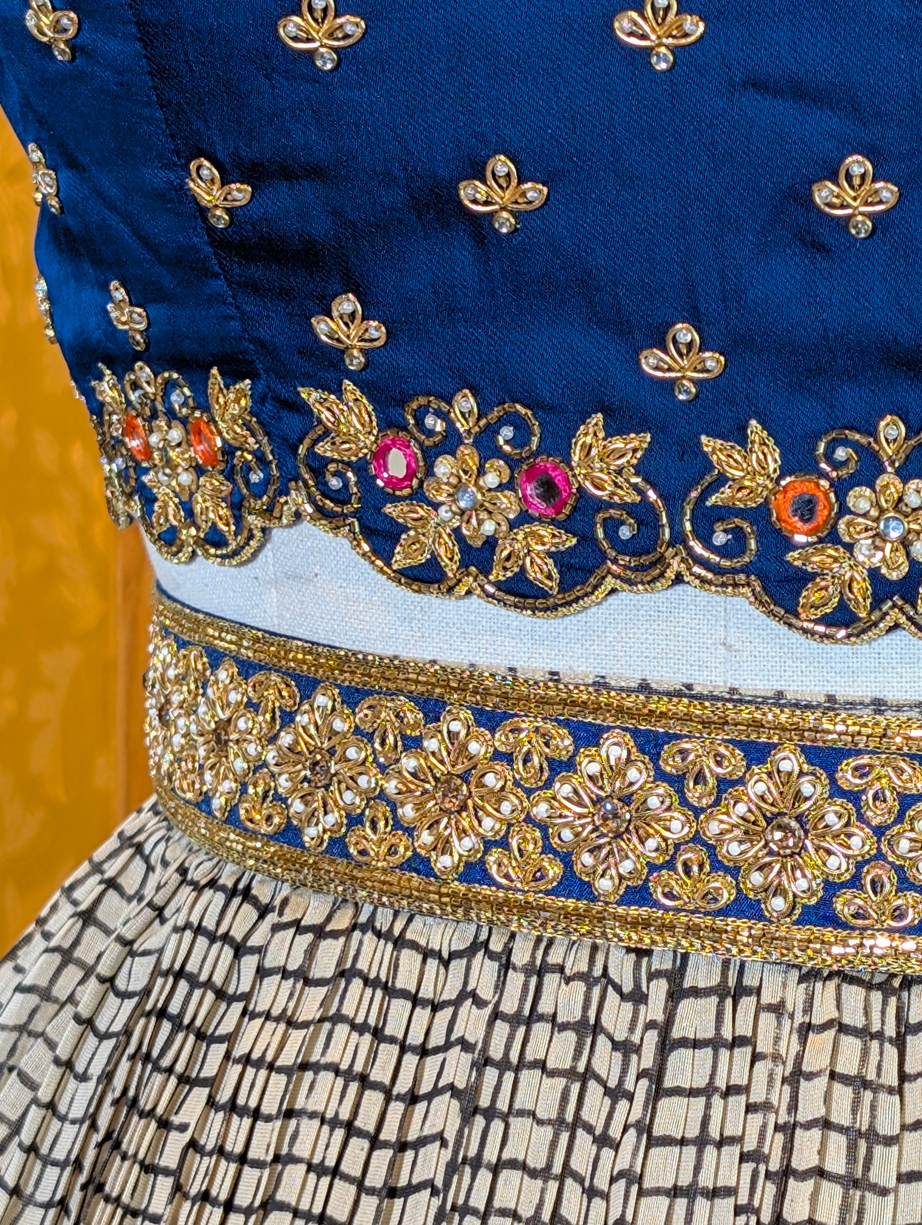 Beige Checked Lehanga Set with Blue Floral Motif Border