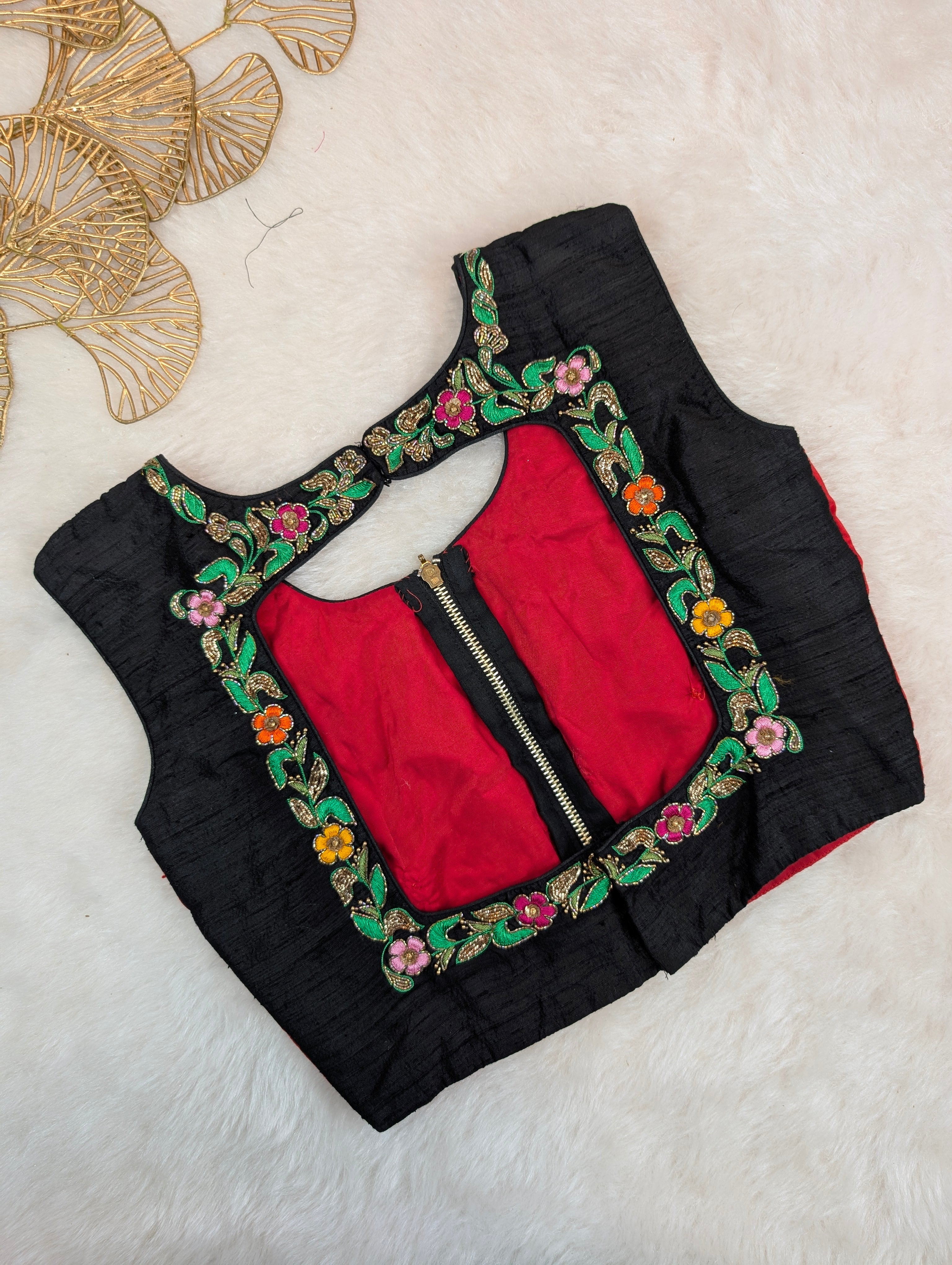 Red Multicolor Embroidered Sleeveless Blouse