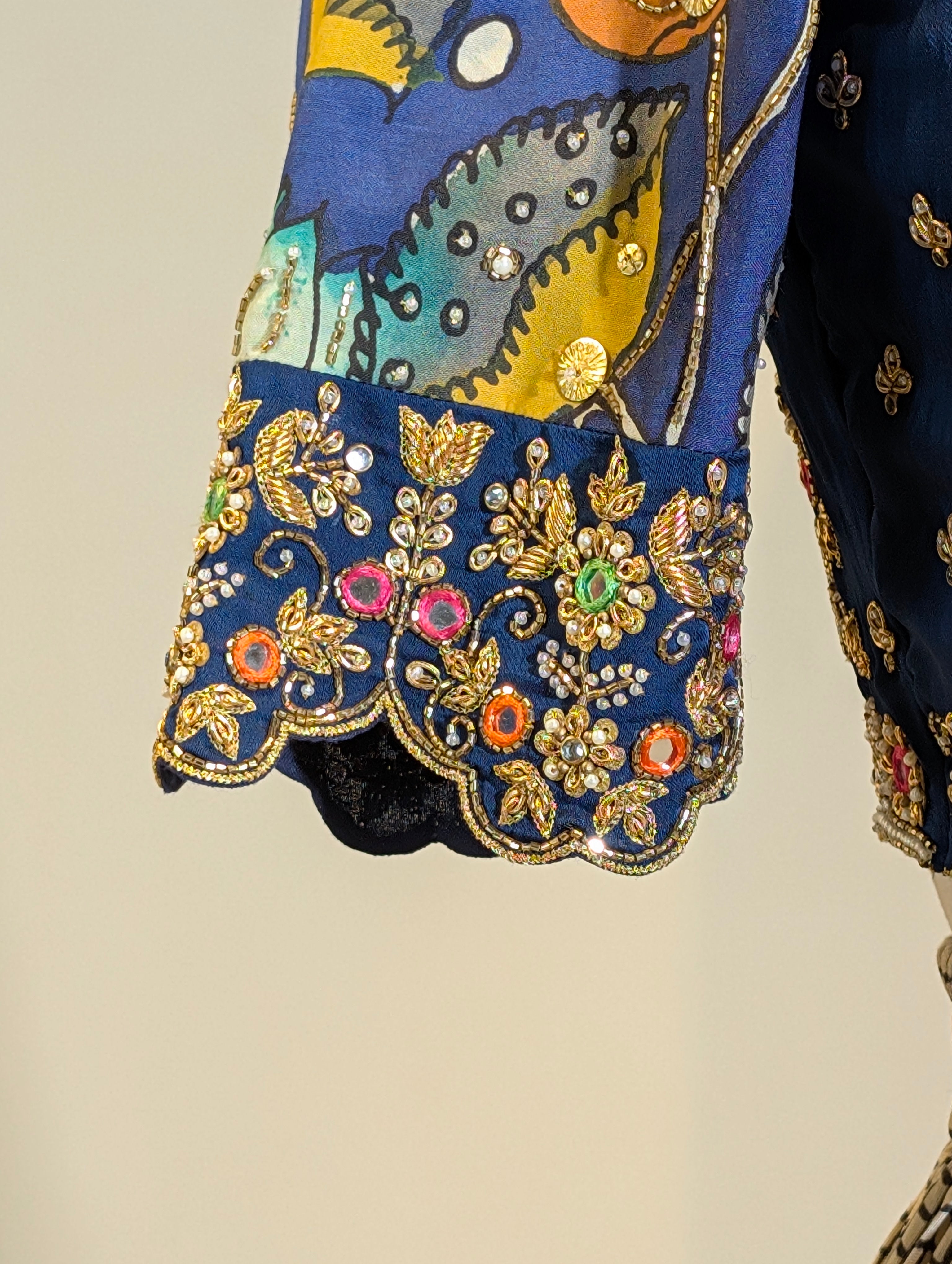 Beige Checked Lehanga Set with Blue Floral Motif Border