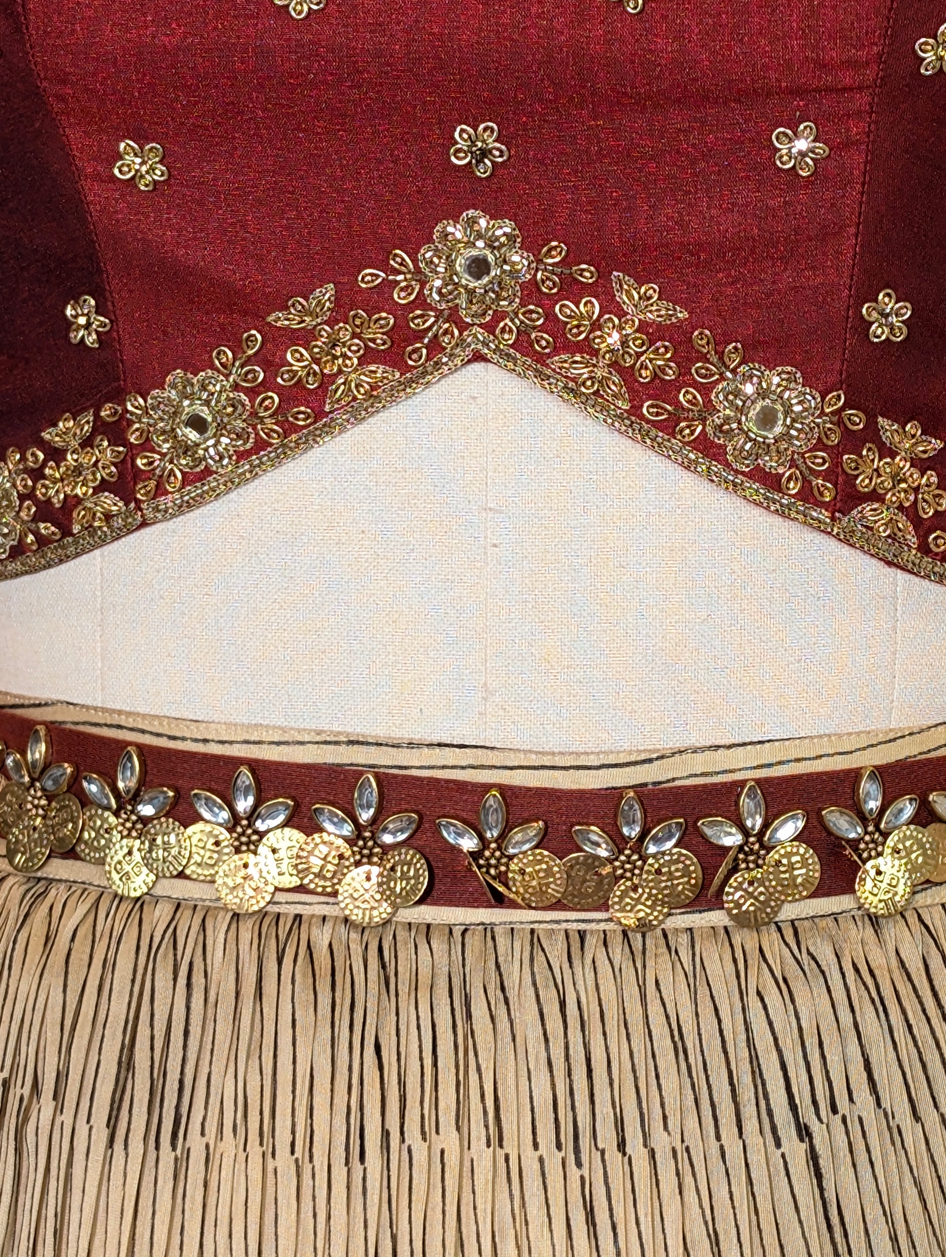 Maroon & Beige Embroidered Crop Top Skirt