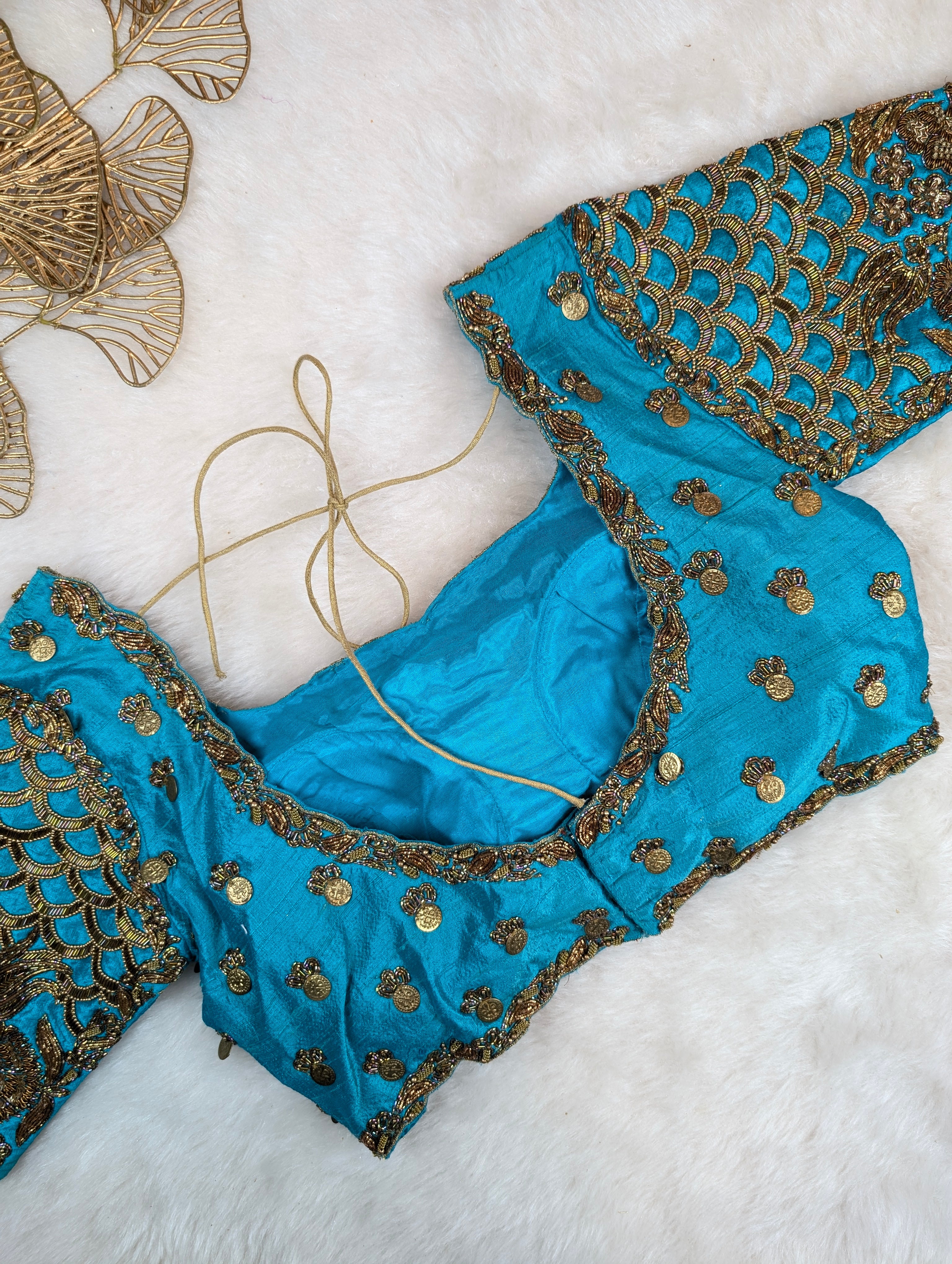 Turquoise Blue Blouse with Antique Zardosi and Coin Embroidery