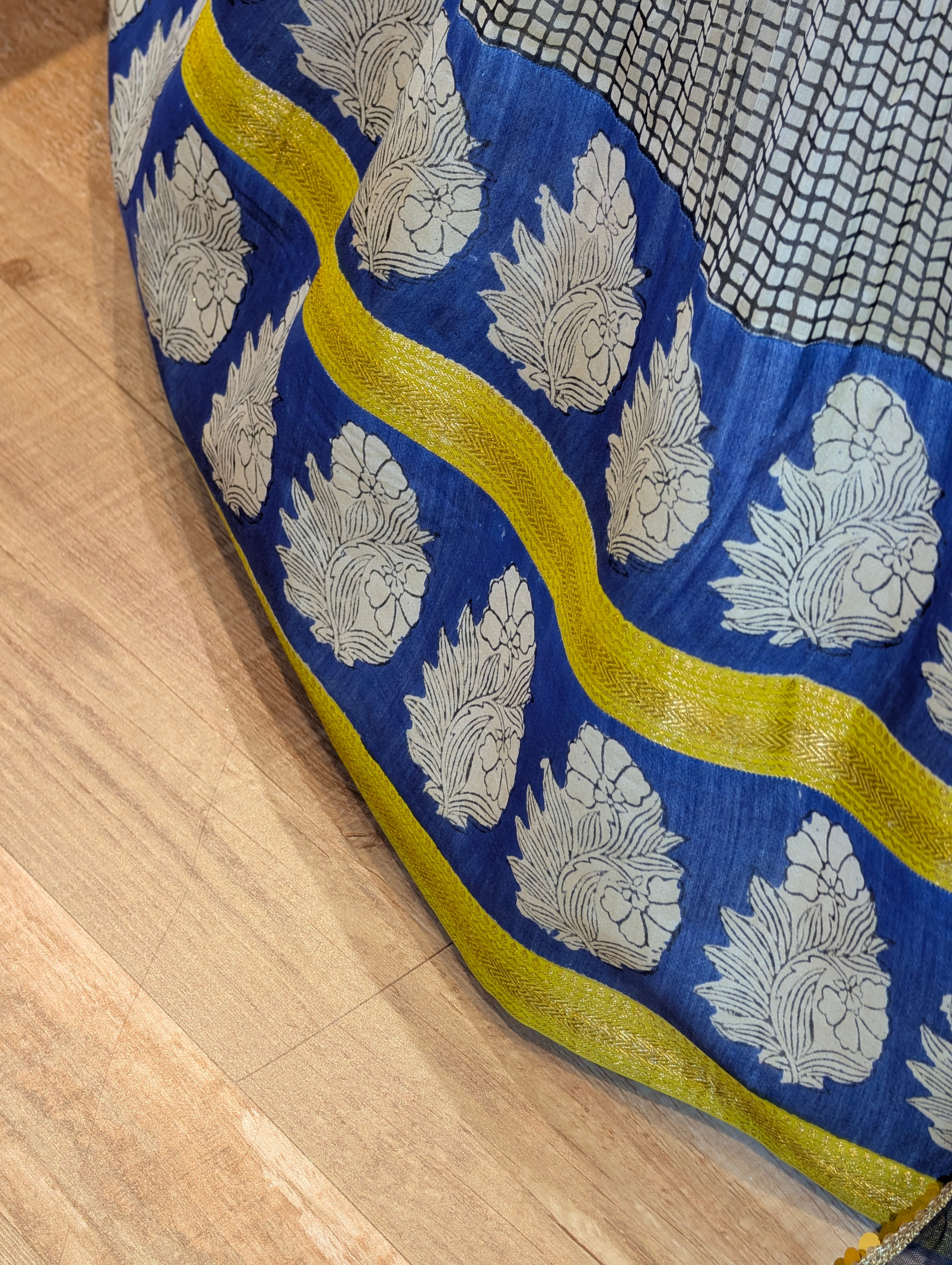 Beige Checked Lehanga Set with Blue Floral Motif Border