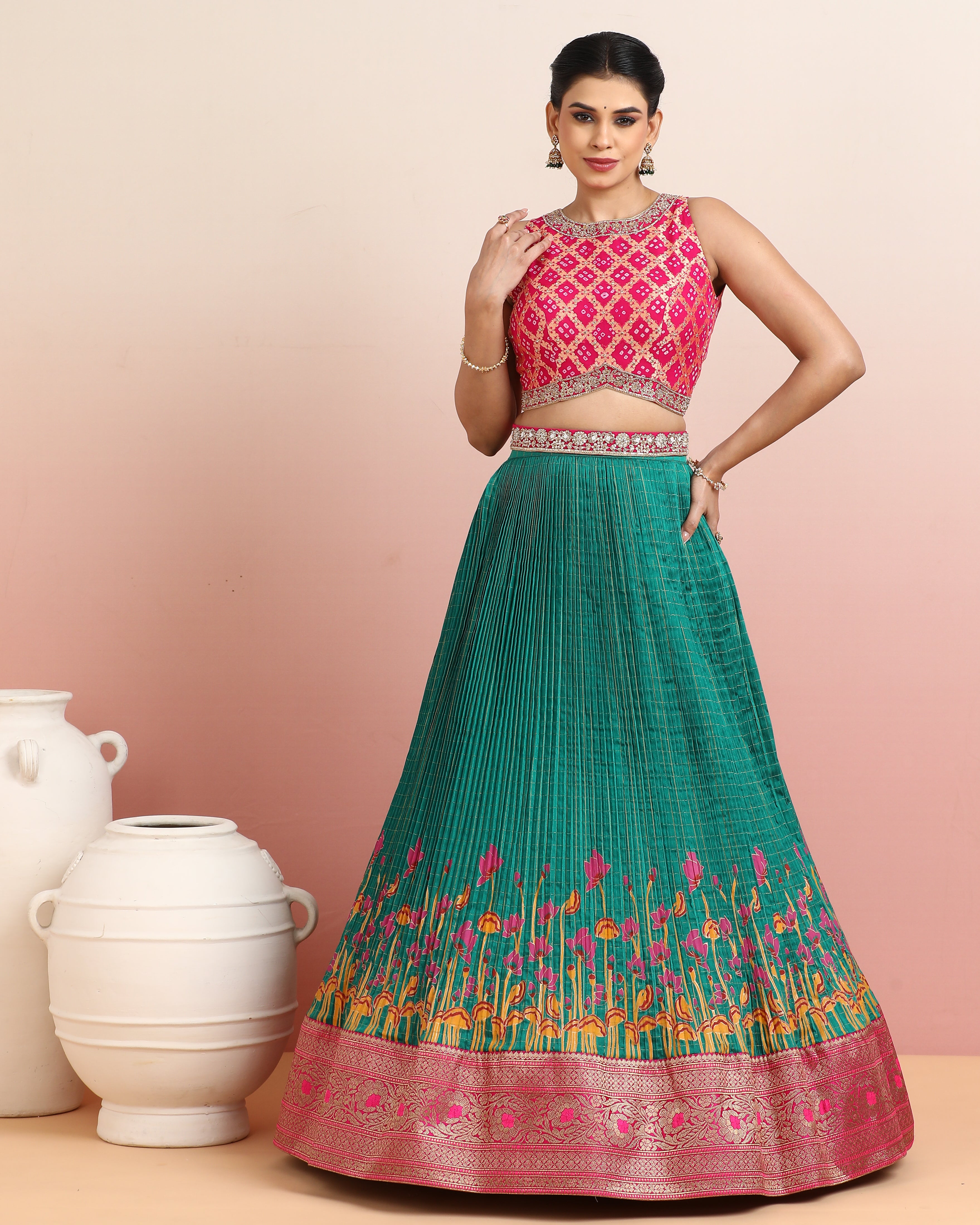 Red Bandhej Blouse with a Hand Block Printed Teal Green Skirt