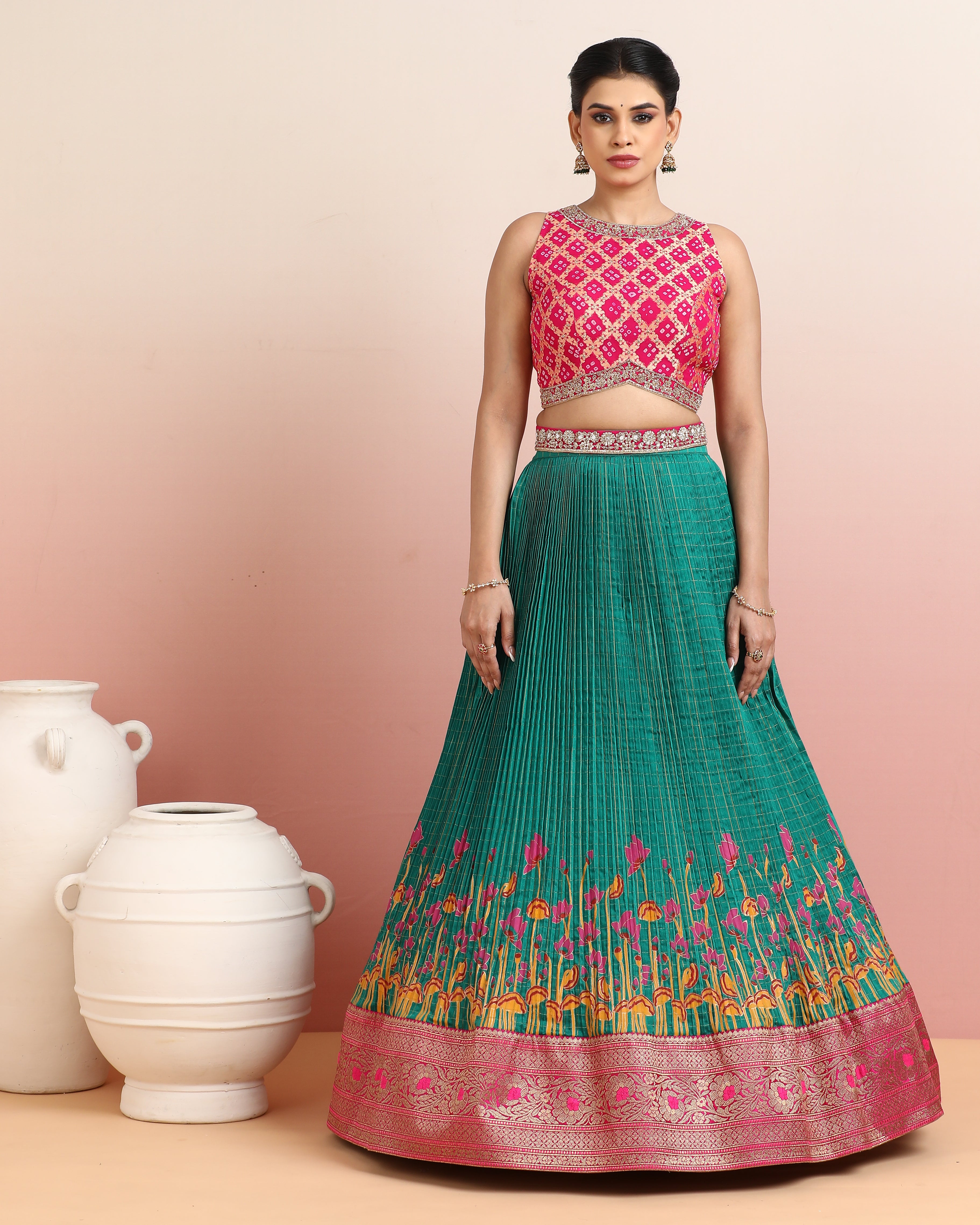 Red Bandhej Blouse with a Hand Block Printed Teal Green Skirt