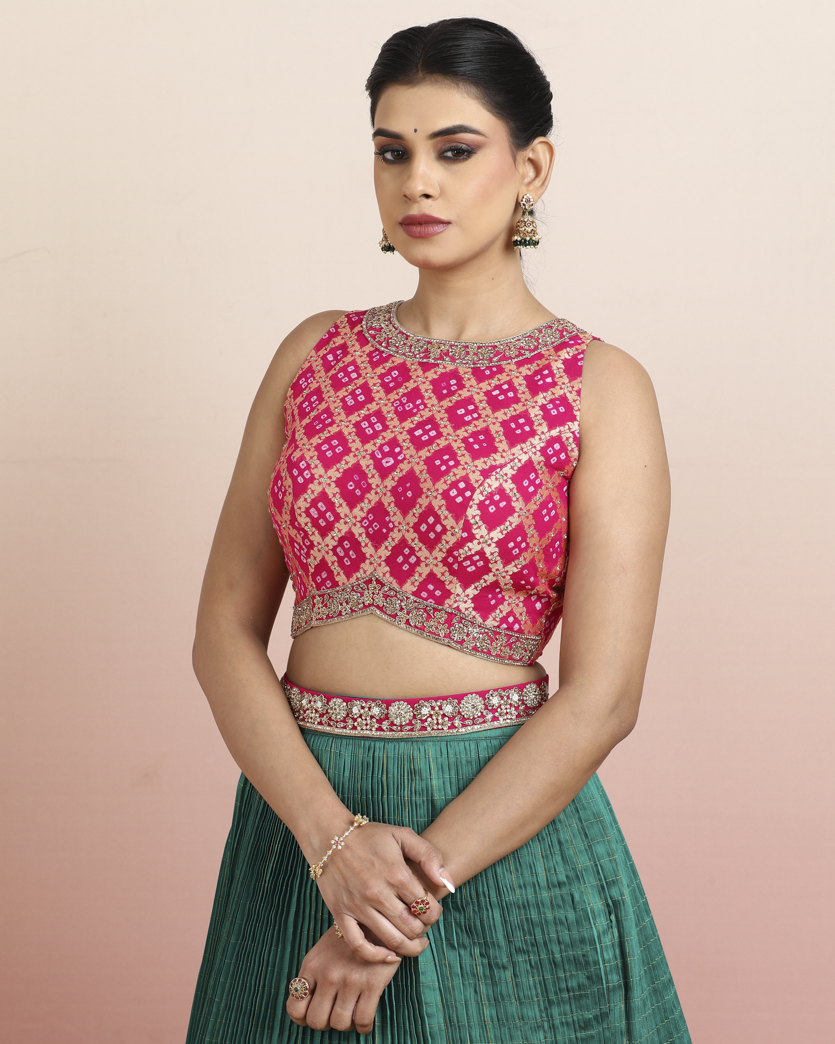 Red Bandhej Blouse with a Hand Block Printed Teal Green Skirt