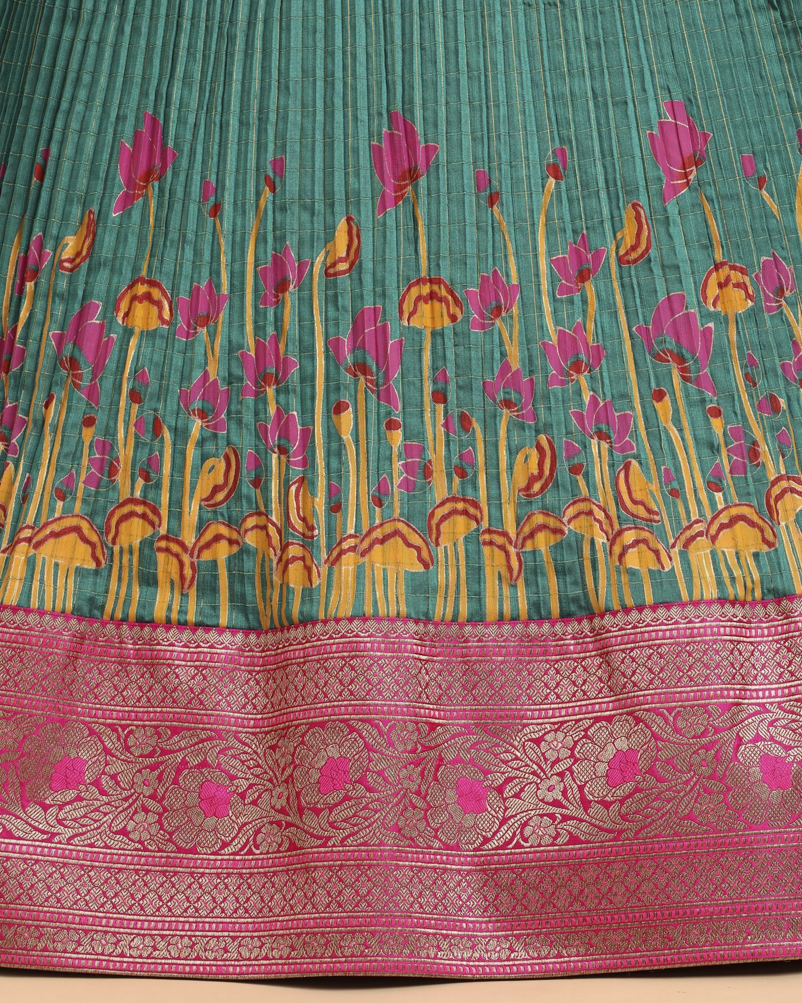 Red Bandhej Blouse with a Hand Block Printed Teal Green Skirt