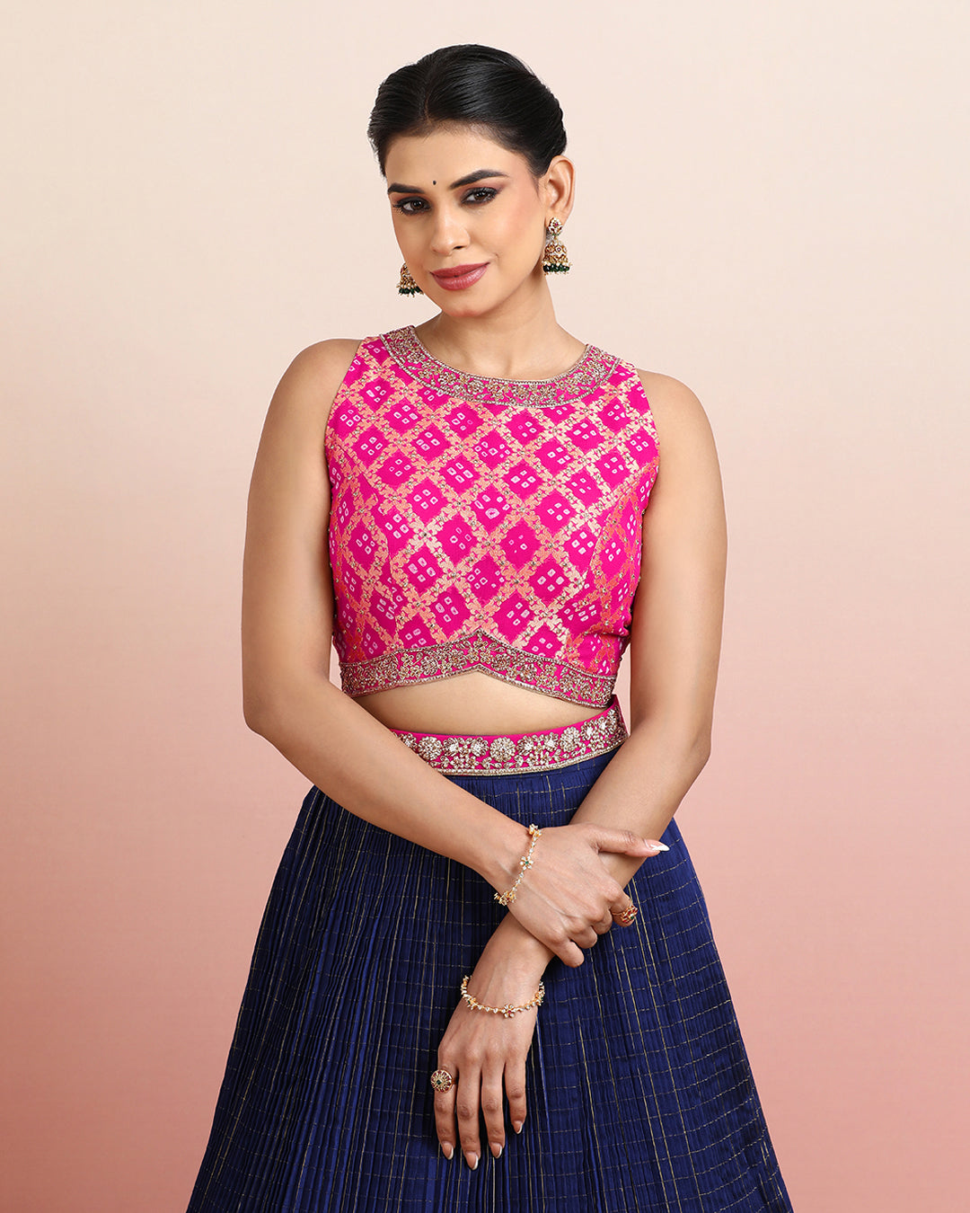 Pink Bandhej Blouse with a Hand Block Printed Navy Blue Skirt