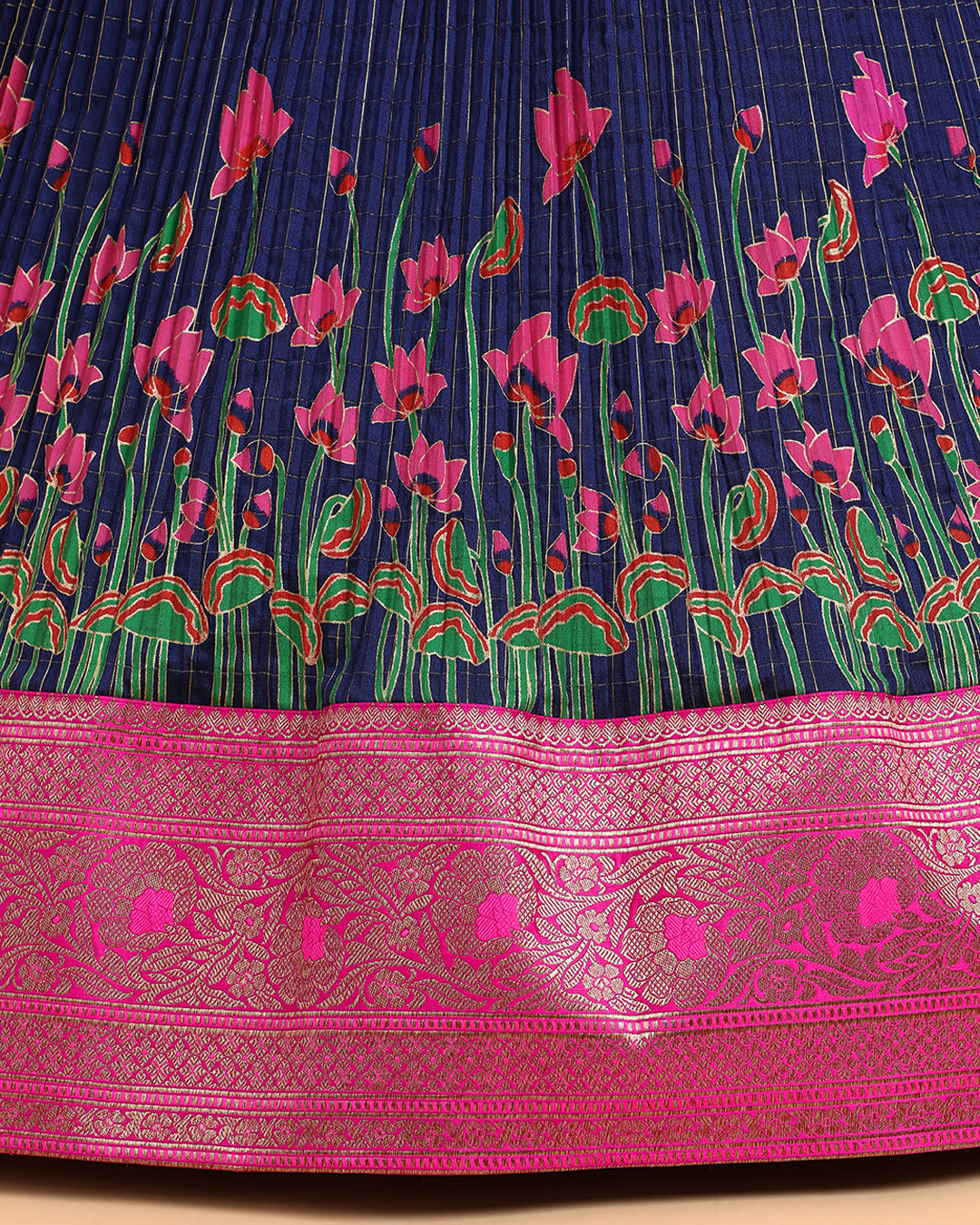 Pink Bandhej Blouse with a Hand Block Printed Navy Blue Skirt