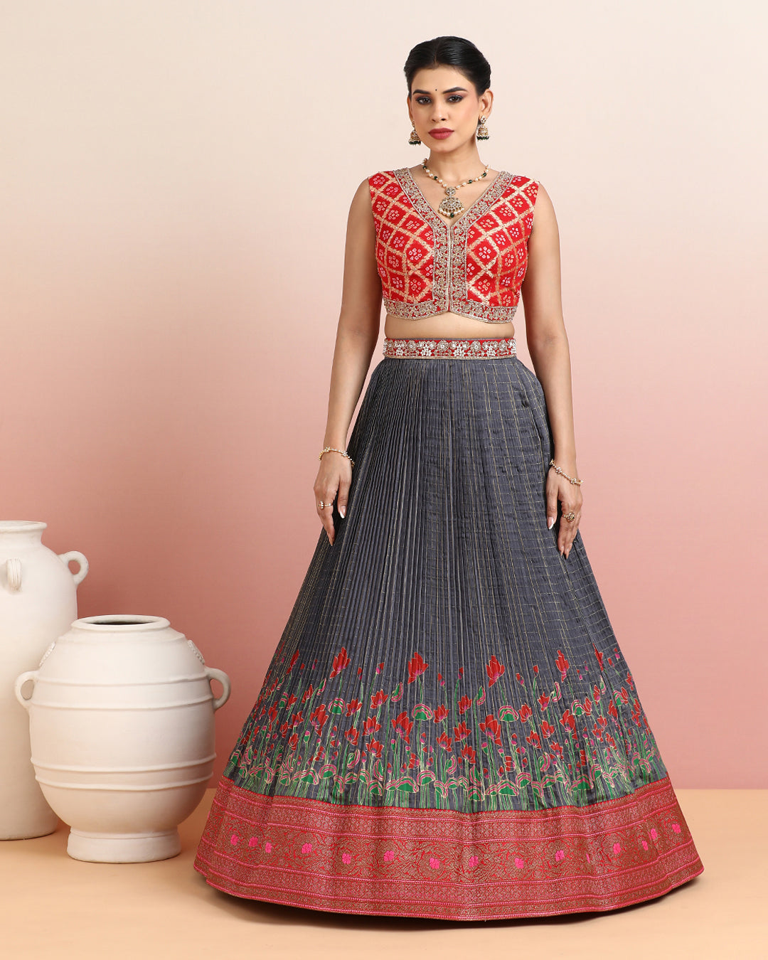 Red Bandhani Crop Top with Grey Floral Pleated Skirt