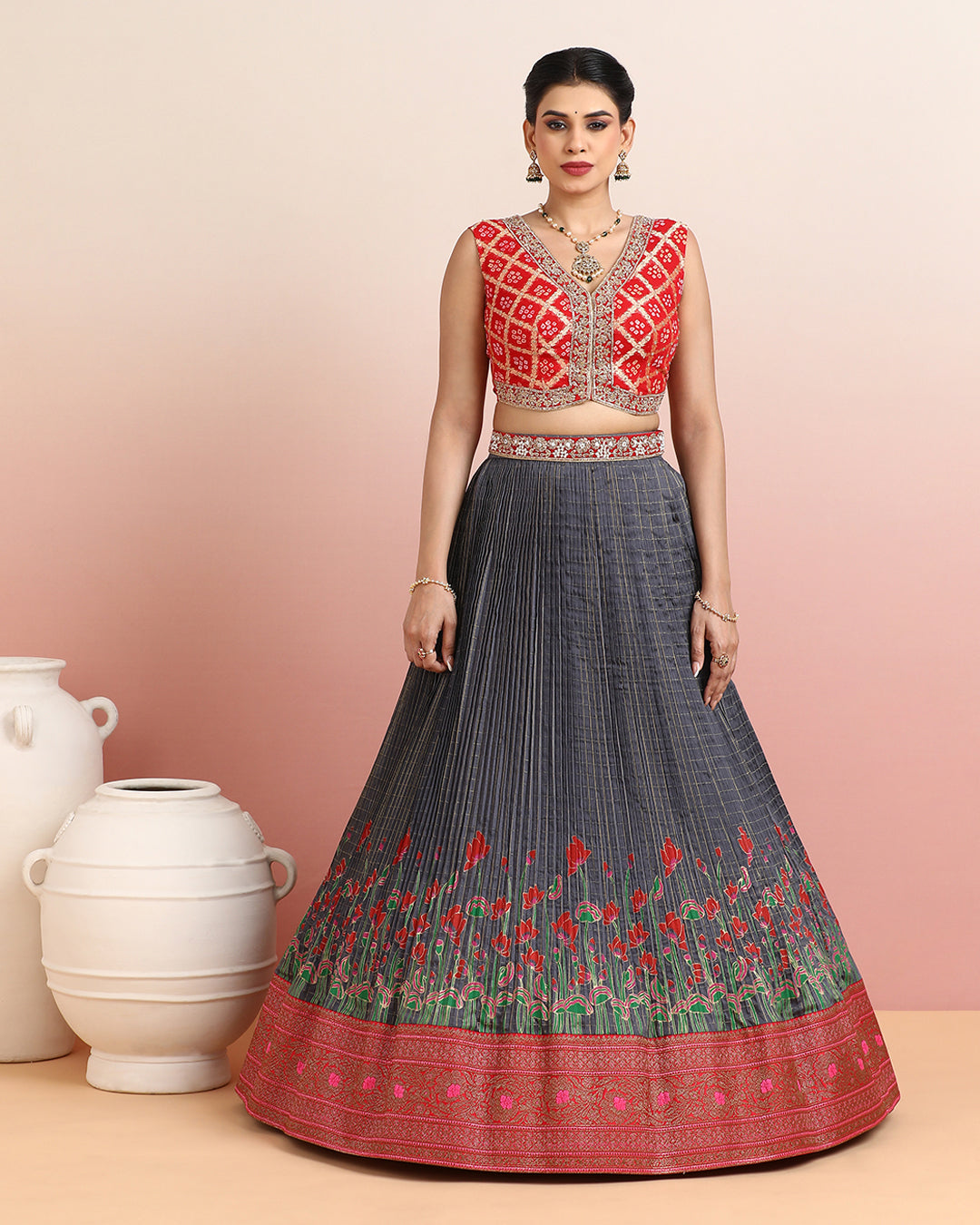Red Bandhani Crop Top with Grey Floral Pleated Skirt