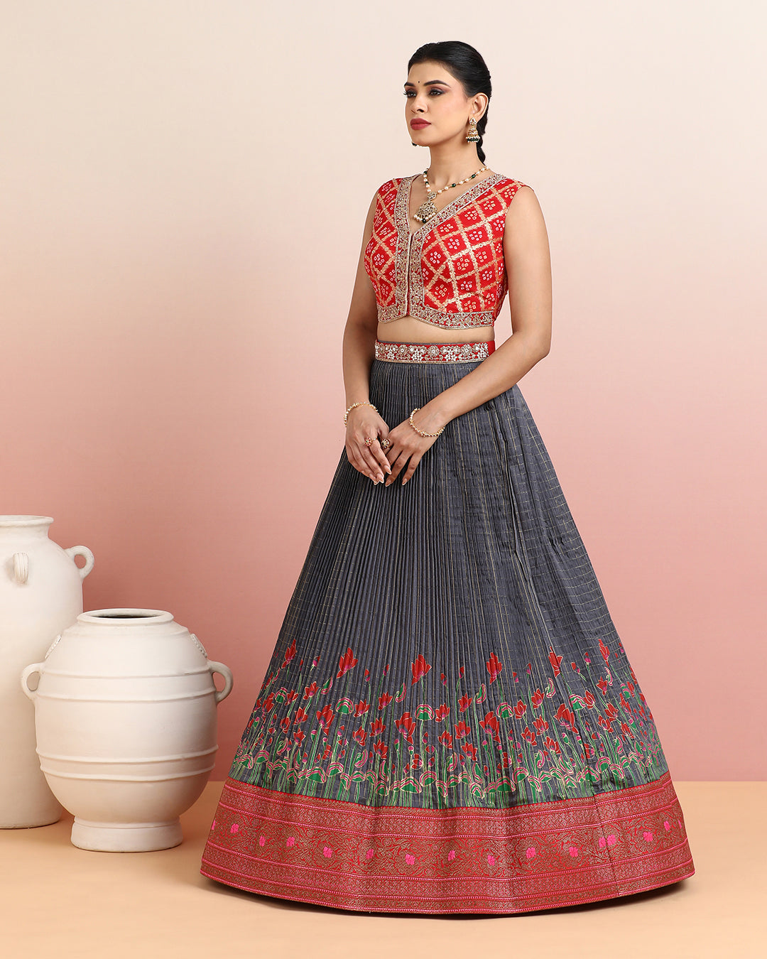 Red Bandhani Crop Top with Grey Floral Pleated Skirt