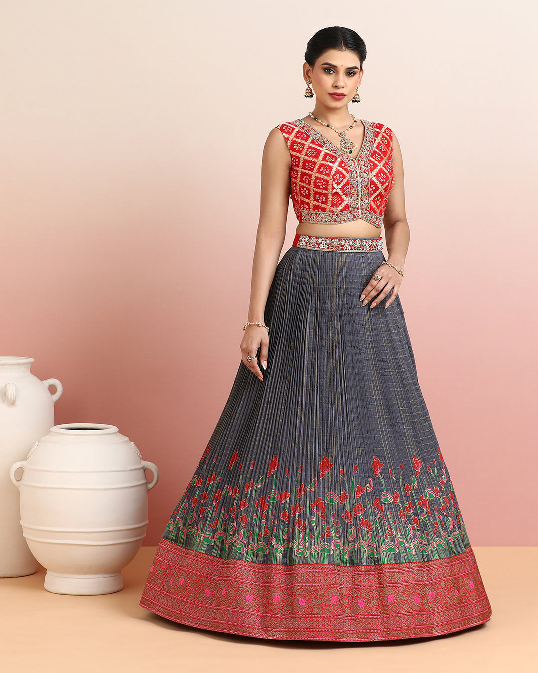 Red Bandhani Crop Top with Grey Floral Pleated Skirt