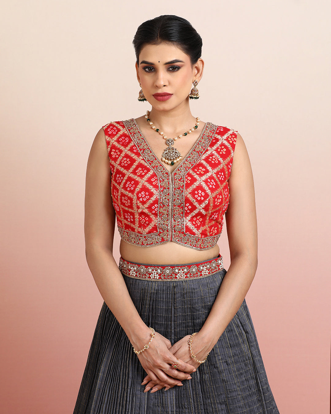 Red Bandhani Crop Top with Grey Floral Pleated Skirt