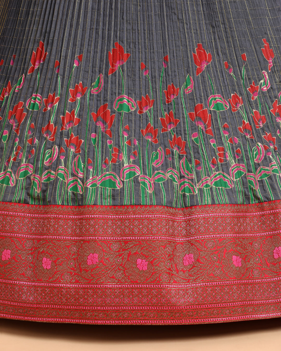 Red Bandhani Crop Top with Grey Floral Pleated Skirt
