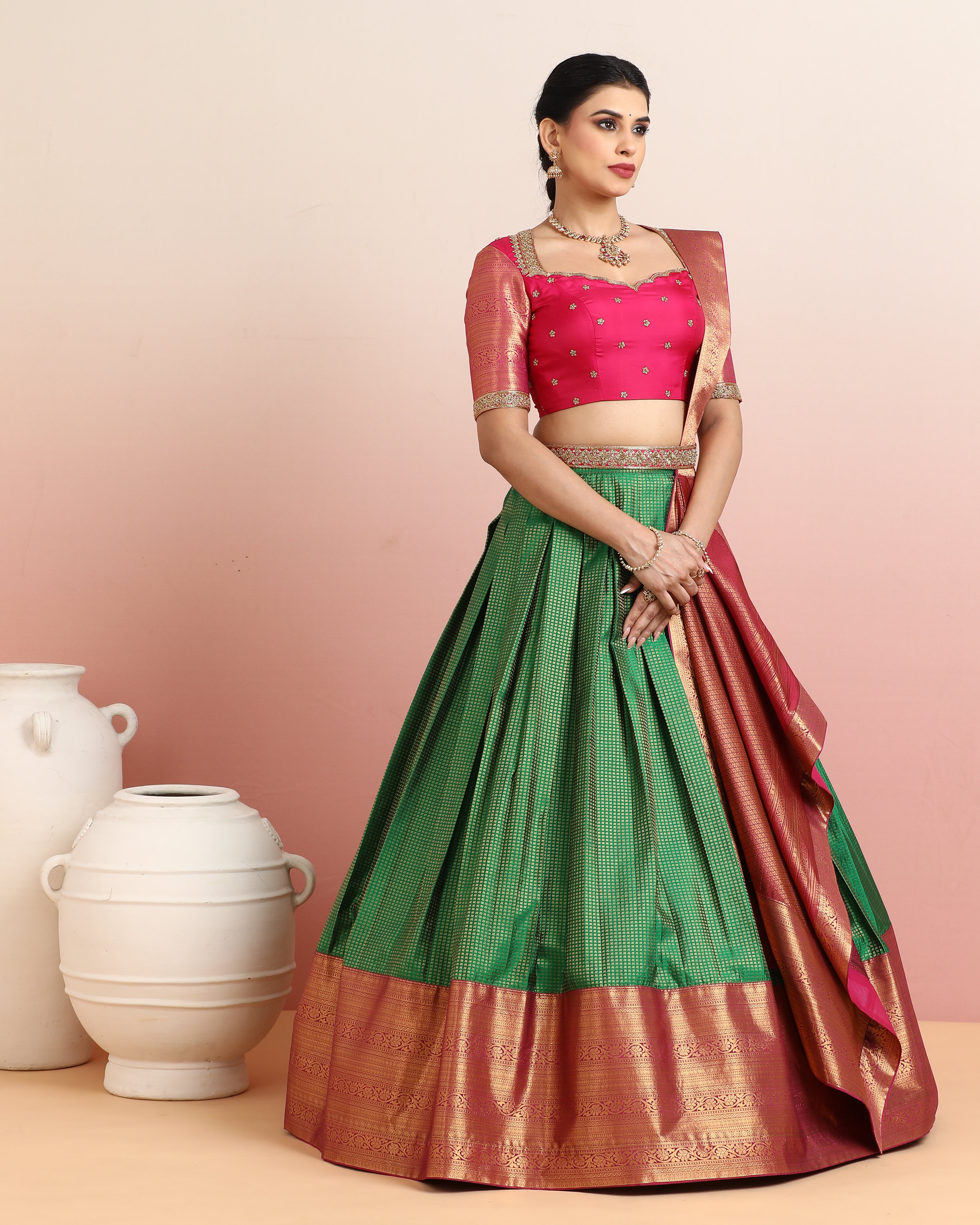 Pink & Green Pre-Draped Lehenga Set