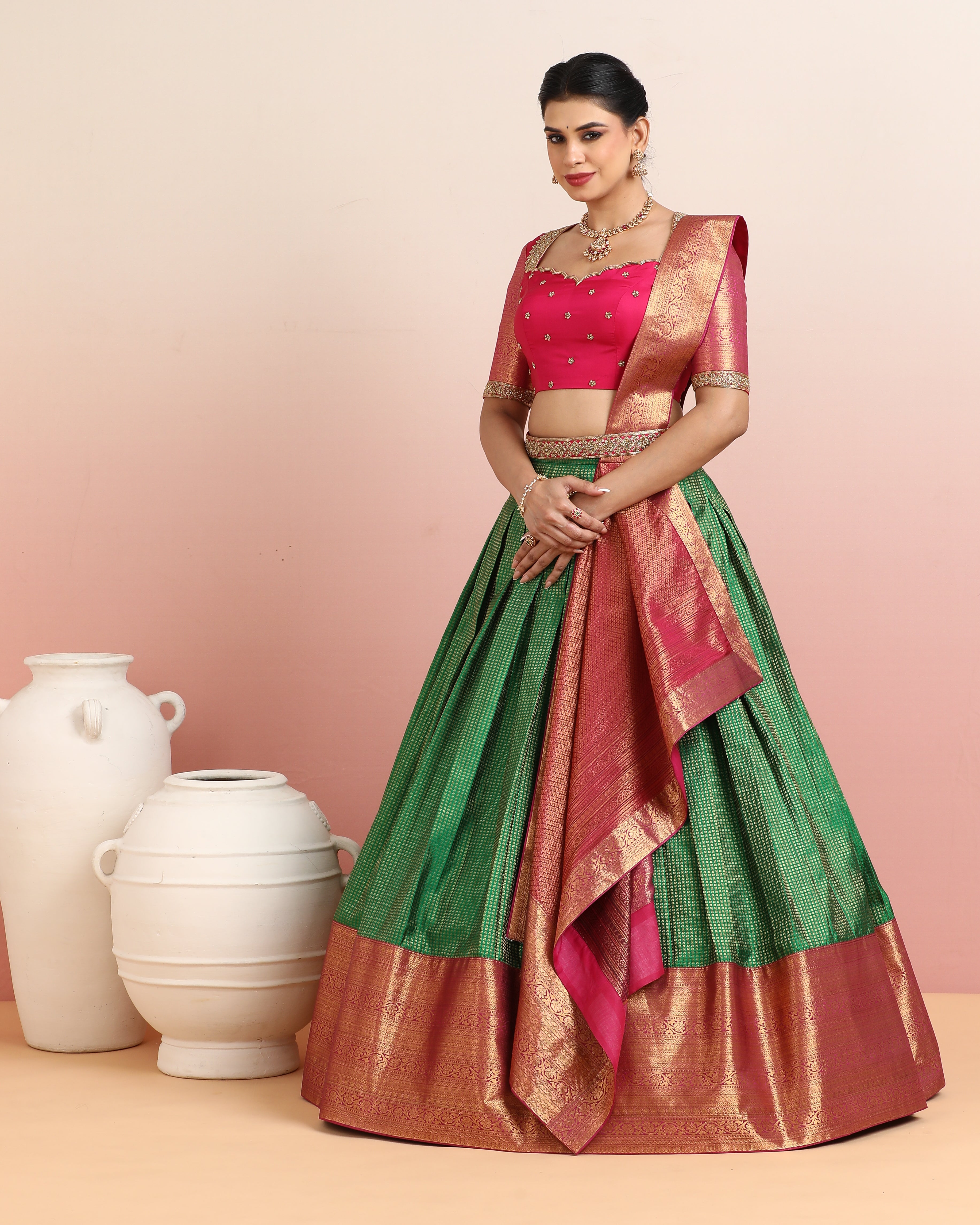 Pink & Green Pre-Draped Lehenga Set
