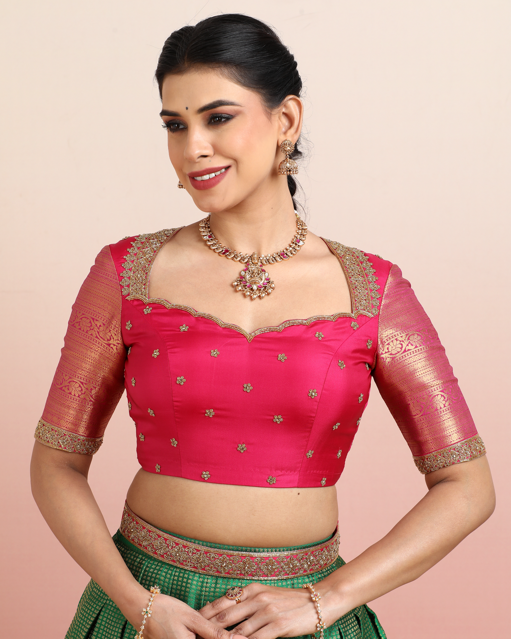 Pink & Green Pre-Draped Lehenga Set