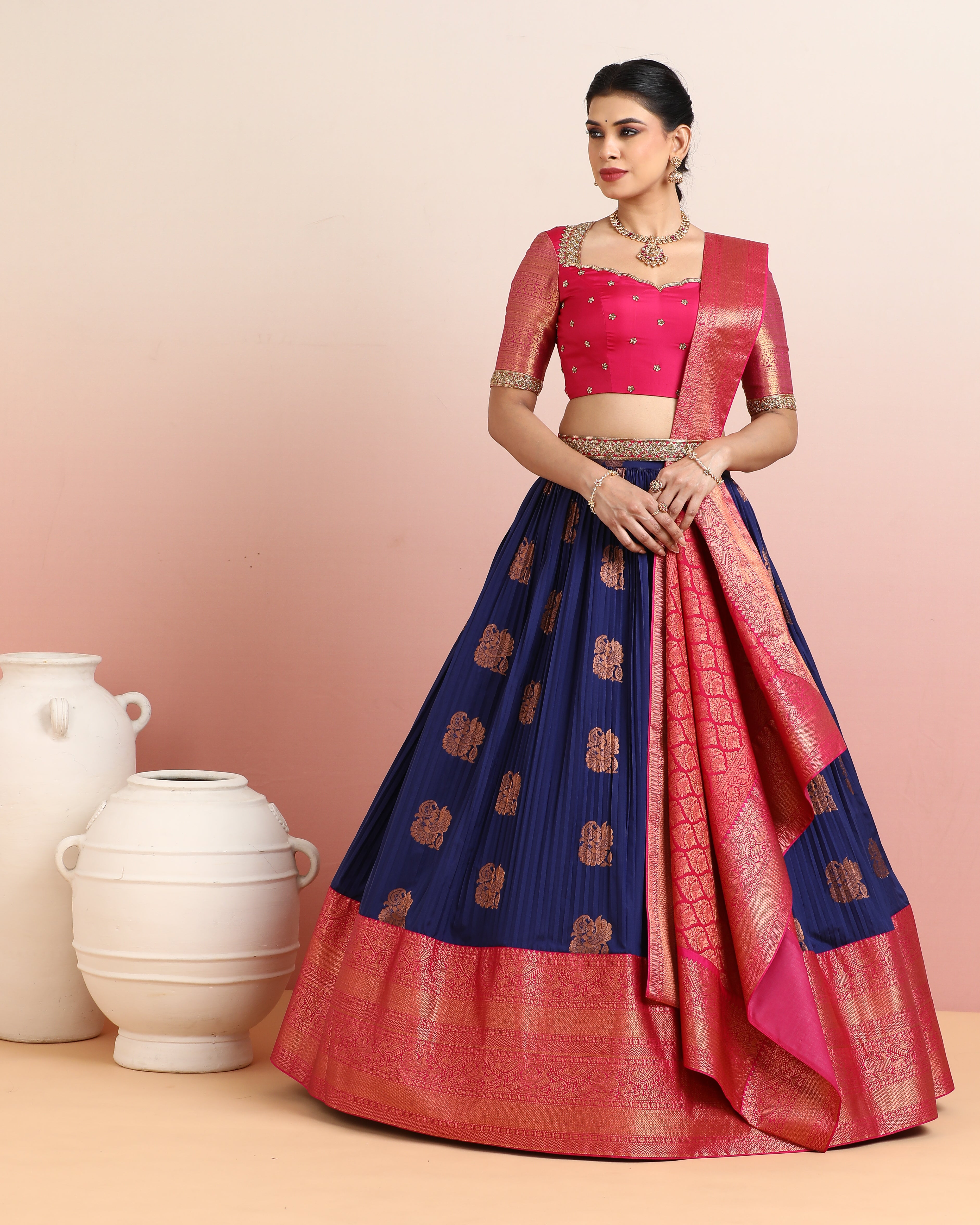 Pink & Blue Pre-Draped Lehenga Set