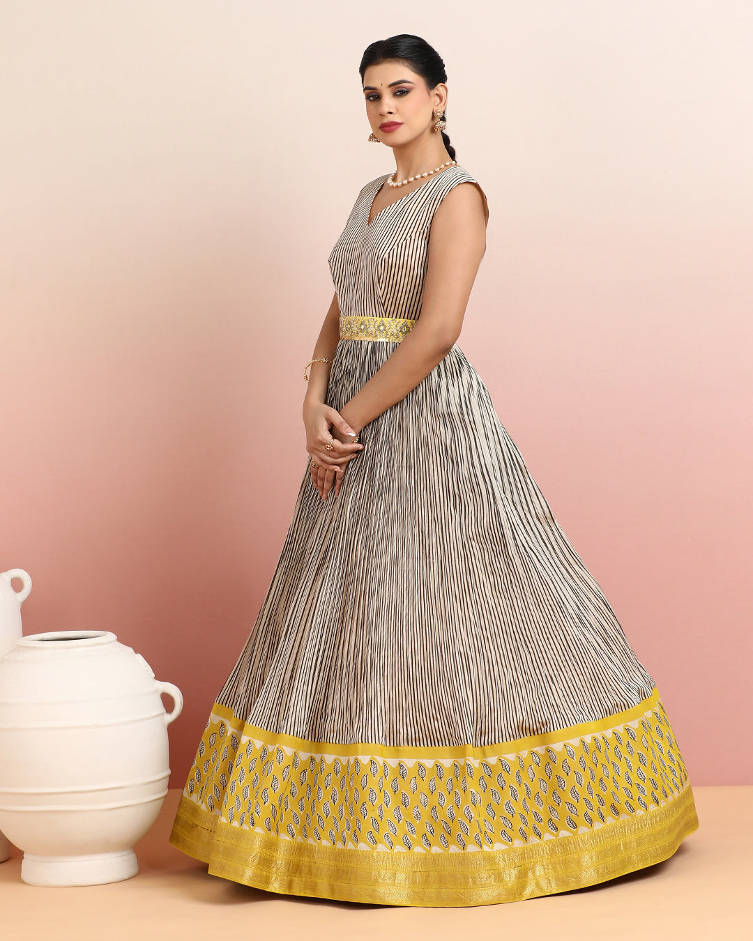 Ivory and Yellow Striped Anarkali