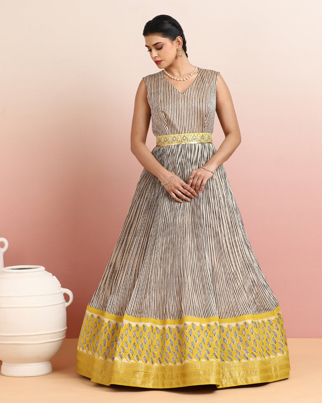 Ivory and Yellow Striped Anarkali