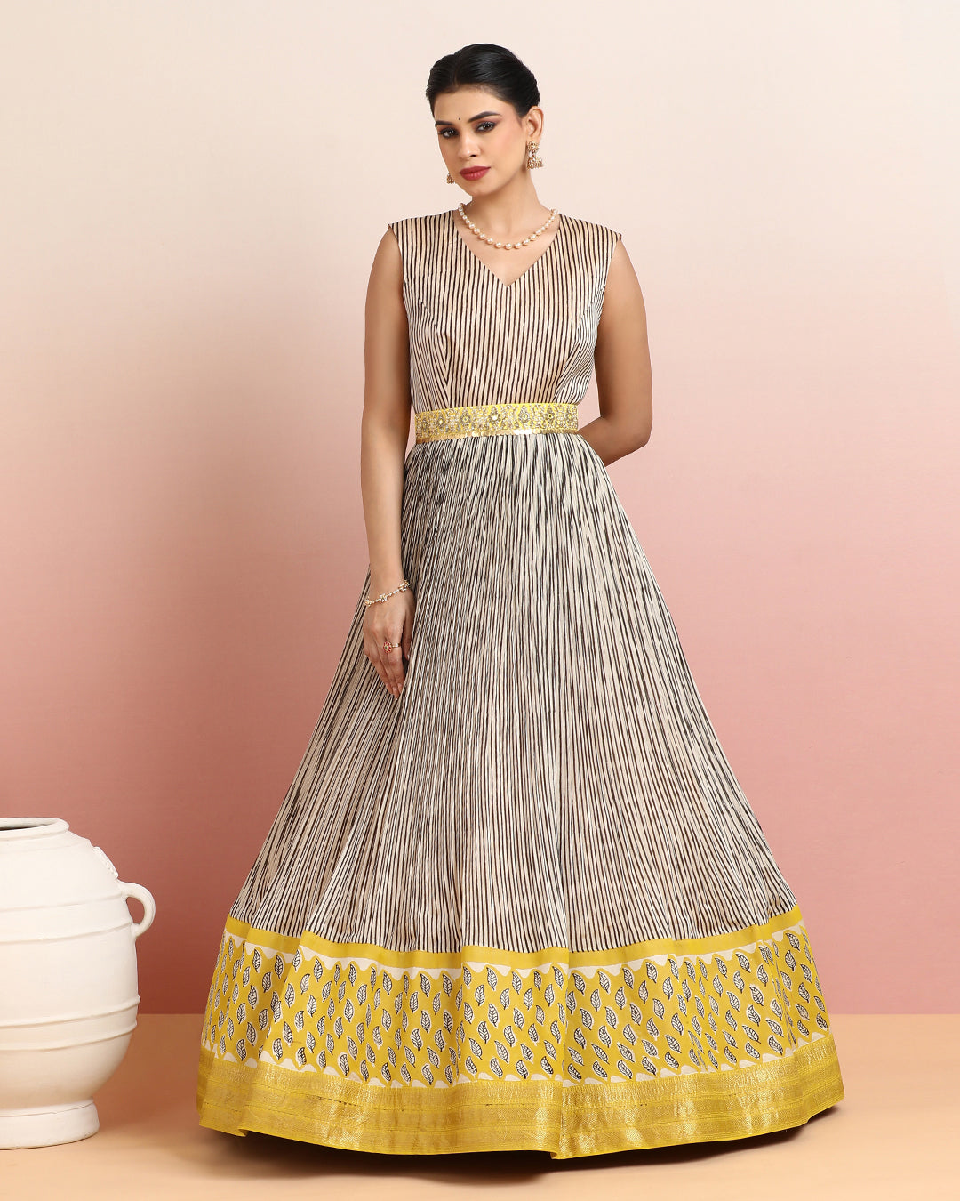 Ivory and Yellow Striped Anarkali