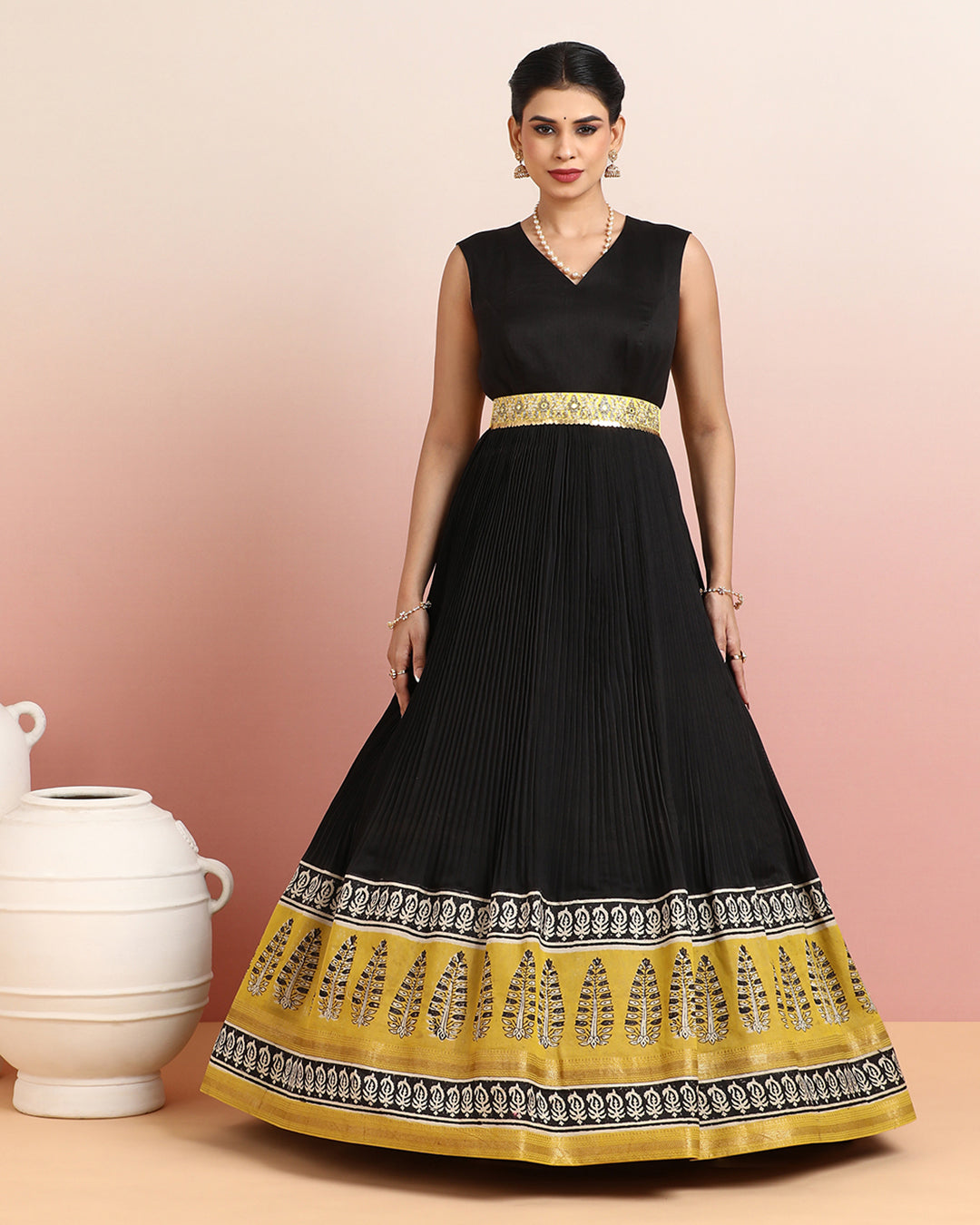 Black & Mustard Leaf Motif Anarkali