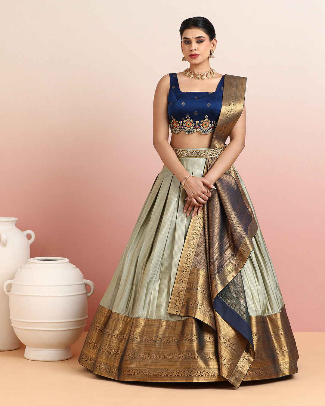Navy Blue and Sage Green Kanchipuram Pre Draped Lehanga Set